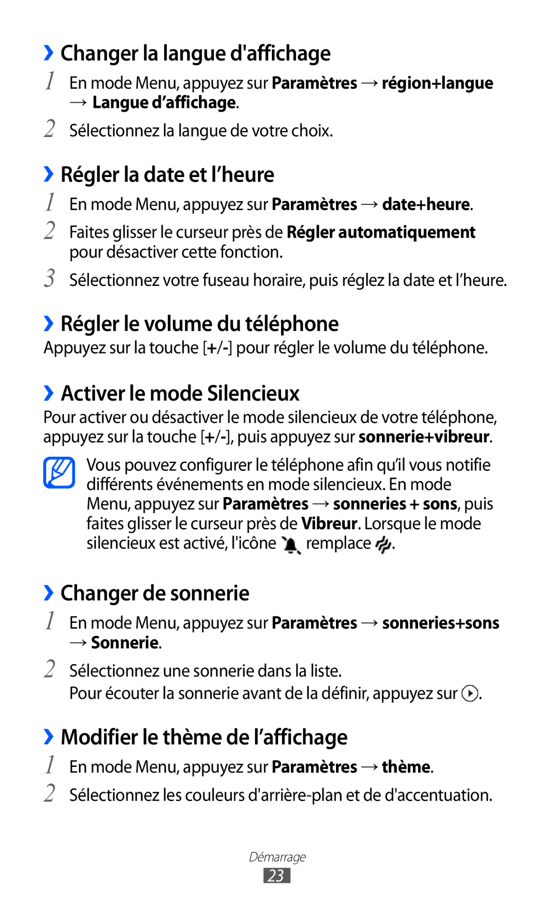 Samsung GT-I8350HKABOG manual ››Changer la langue daffichage, ››Régler la date et l’heure, ››Régler le volume du téléphone 