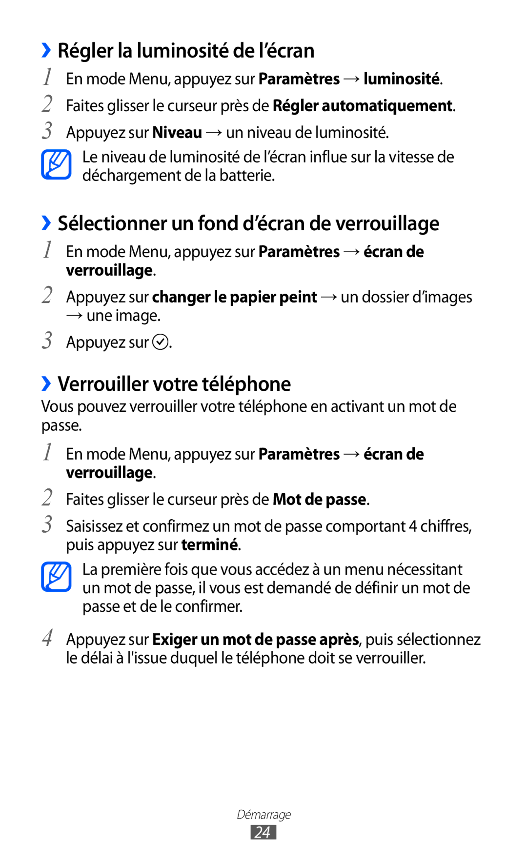 Samsung GT-I8350HKAFTM, GT-I8350HKASFR ››Régler la luminosité de l’écran, ››Sélectionner un fond d’écran de verrouillage 