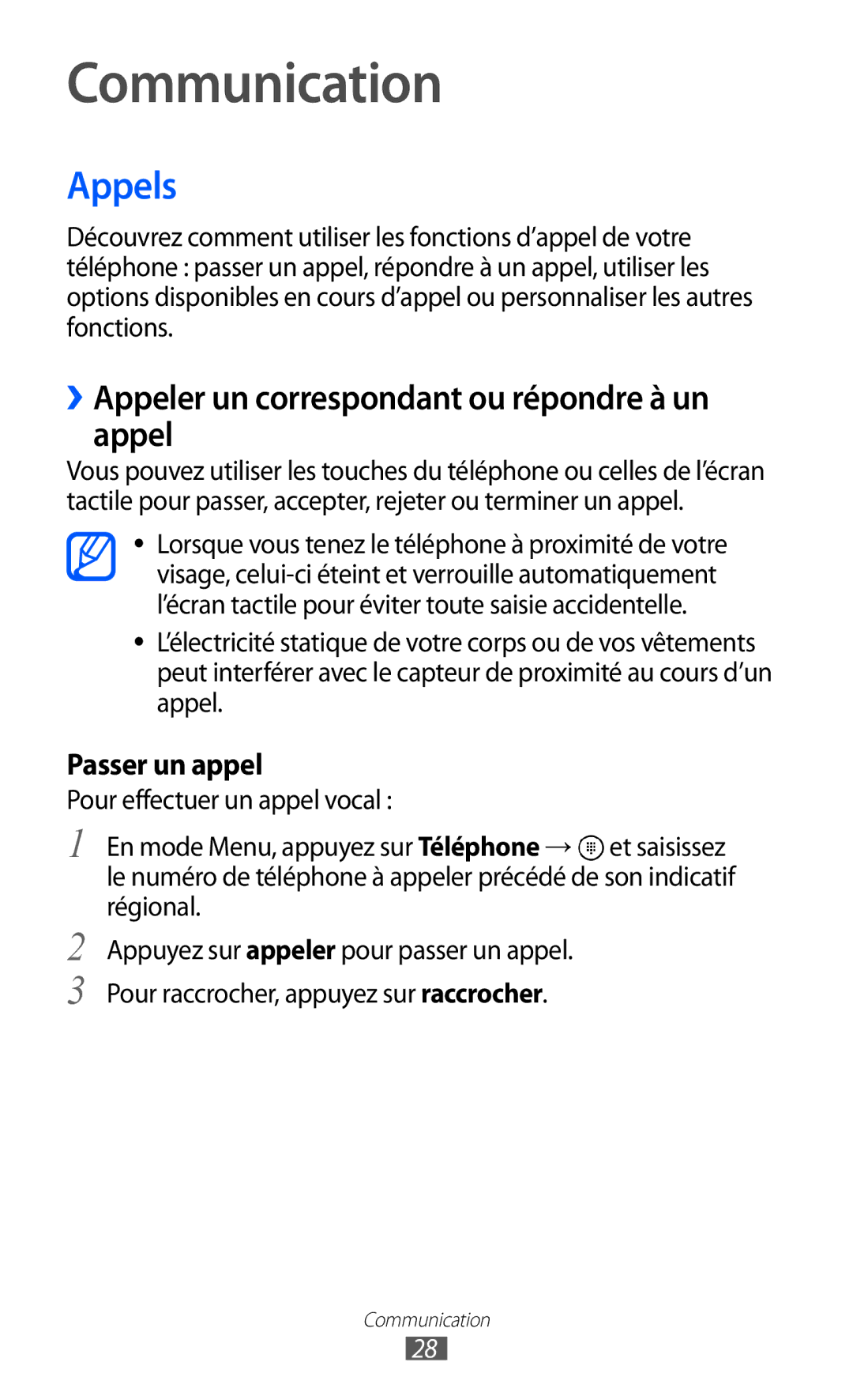Samsung GT-I8350HKAFTM, GT-I8350HKASFR manual Communication, Appels, ››Appeler un correspondant ou répondre à un appel 