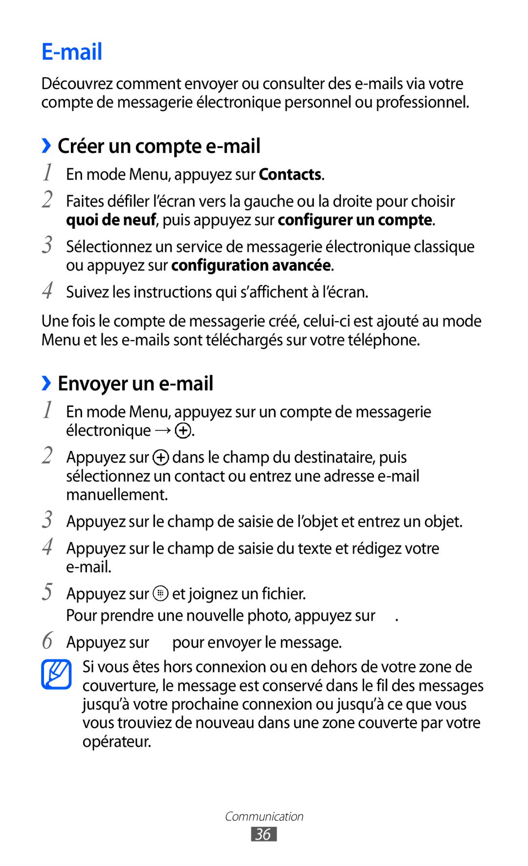 Samsung GT-I8350HKAFTM manual Mail, ››Créer un compte e-mail, ››Envoyer un e-mail, En mode Menu, appuyez sur Contacts 