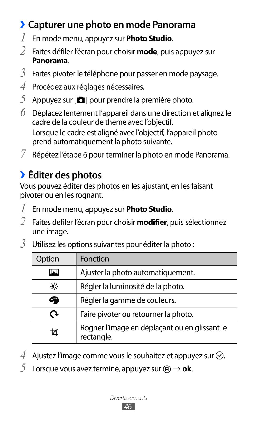 Samsung GT-I8350HKAXEF, GT-I8350HKAFTM manual ››Capturer une photo en mode Panorama, ››Éditer des photos, Rectangle 