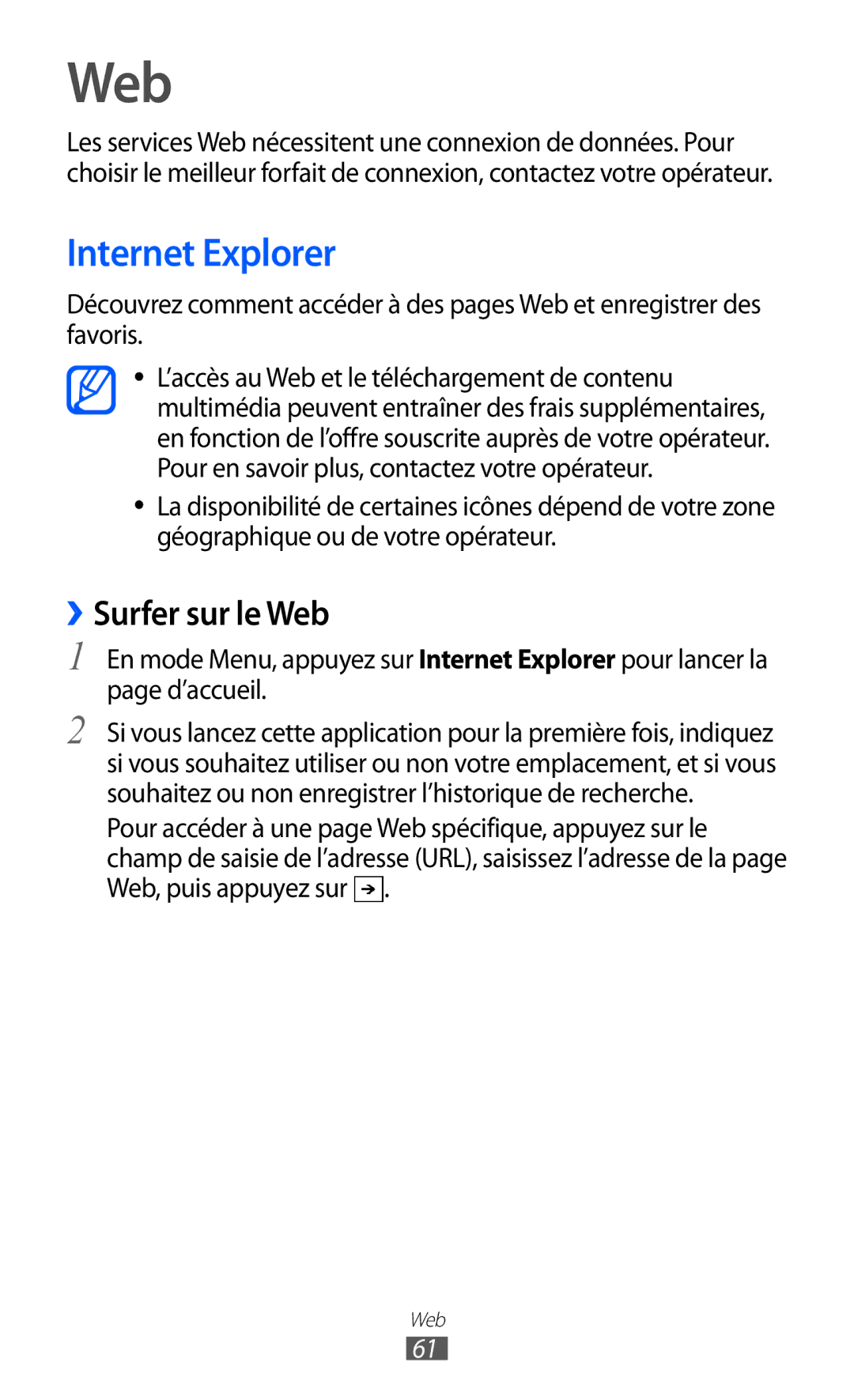 Samsung GT-I8350HKASFR, GT-I8350HKAFTM, GT-I8350HKAXEF, GT-I8350HKABOG manual Internet Explorer, ››Surfer sur le Web 