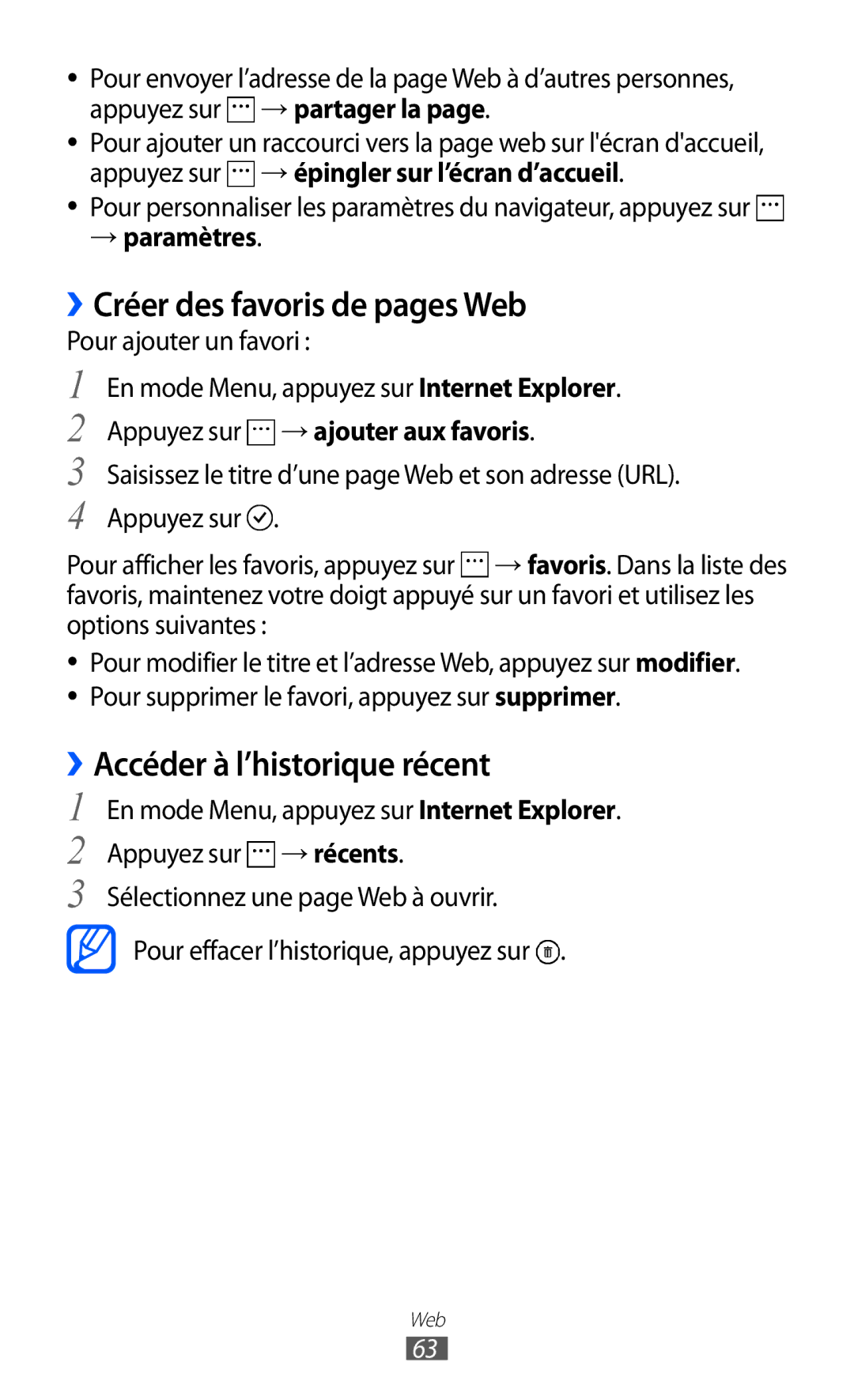 Samsung GT-I8350HKABOG manual ››Créer des favoris de pages Web, ››Accéder à l’historique récent, Pour ajouter un favori 