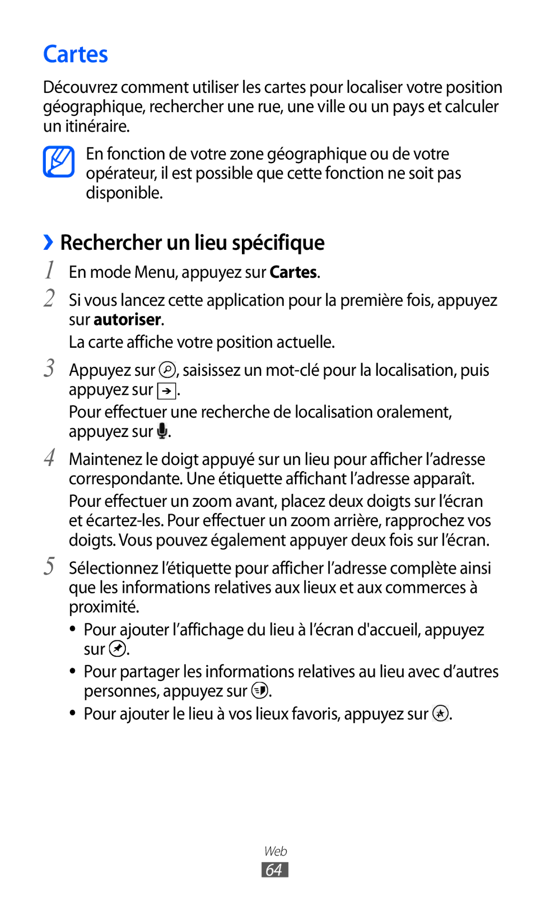 Samsung GT-I8350HKAFTM, GT-I8350HKASFR, GT-I8350HKAXEF, GT-I8350HKABOG manual Cartes, ››Rechercher un lieu spécifique 