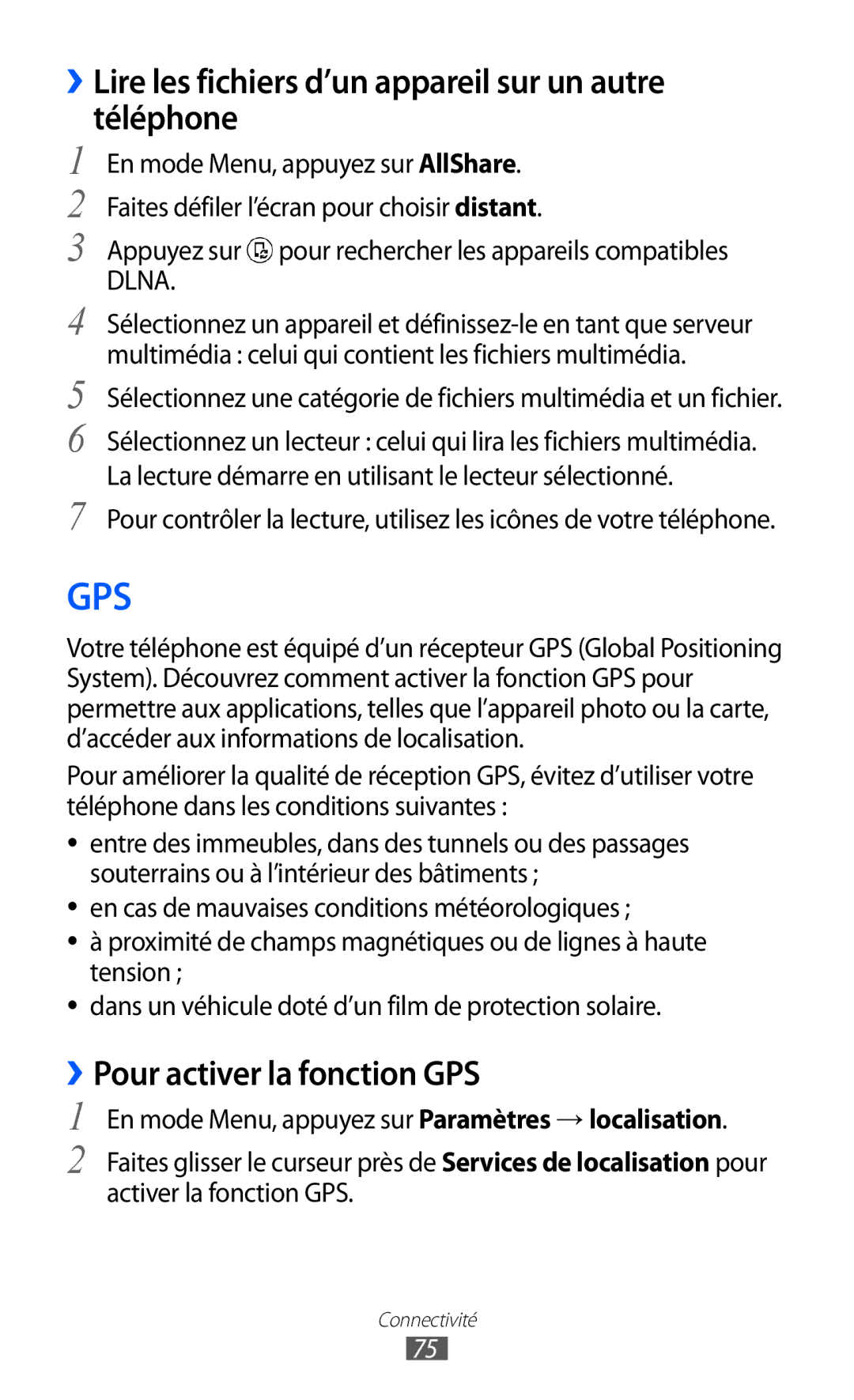 Samsung GT-I8350HKABOG manual ››Lire les fichiers d’un appareil sur un autre téléphone, ››Pour activer la fonction GPS 