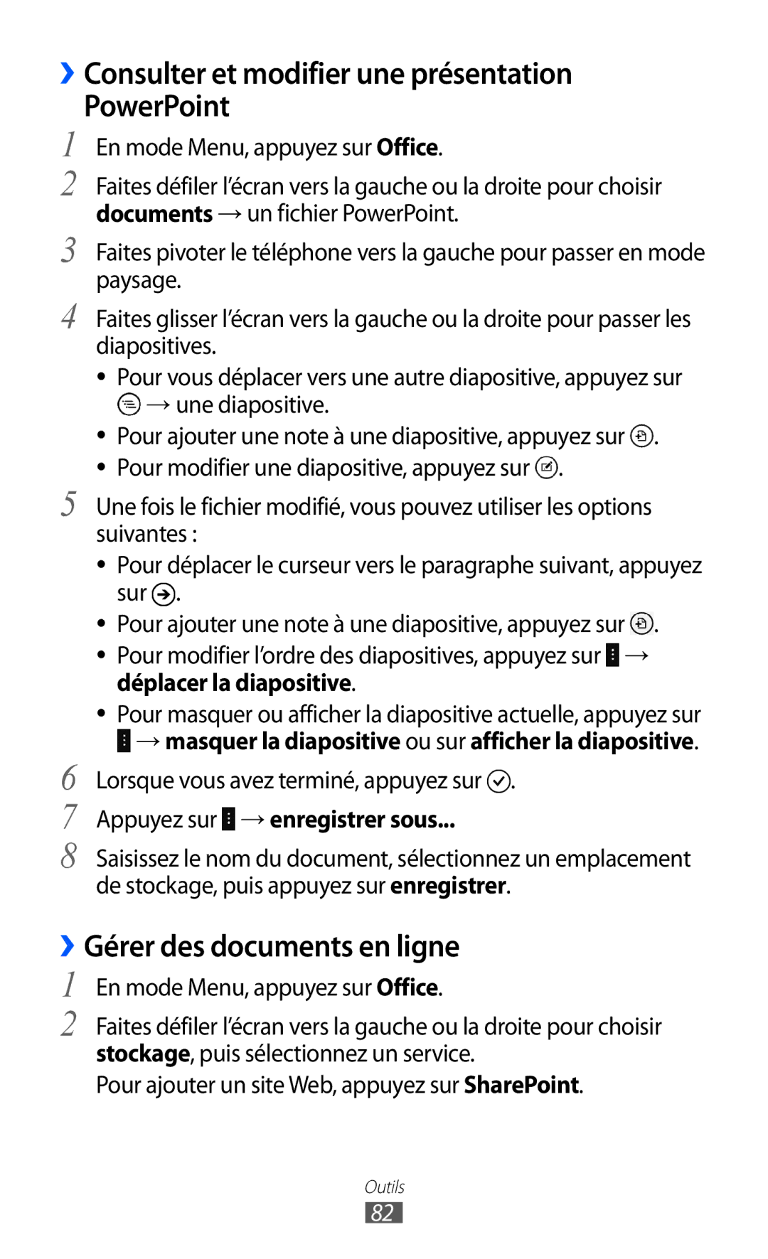 Samsung GT-I8350HKAXEF, GT-I8350HKAFTM ››Consulter et modifier une présentation PowerPoint, ››Gérer des documents en ligne 