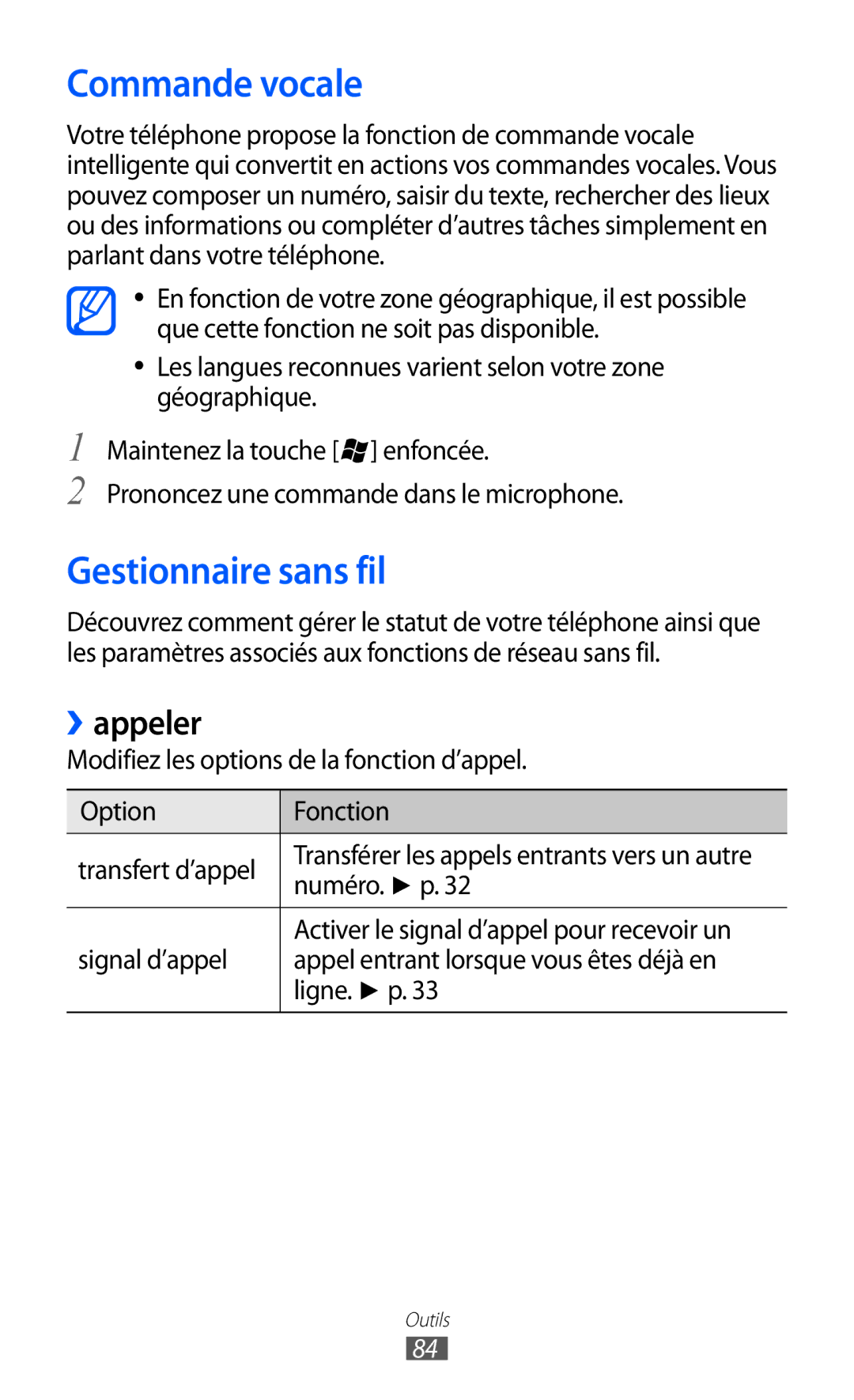 Samsung GT-I8350HKAFTM, GT-I8350HKASFR, GT-I8350HKAXEF manual Commande vocale, Gestionnaire sans fil, ››appeler, Numéro. p 