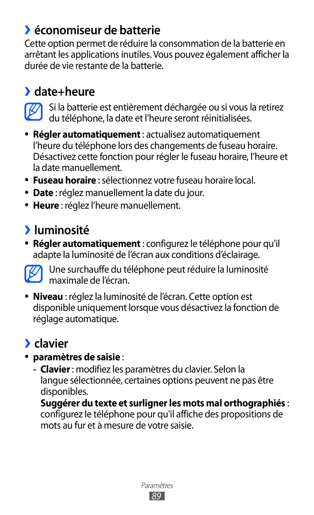 Samsung GT-I8350HKASFR, GT-I8350HKAFTM, GT-I8350HKAXEF ››économiseur de batterie, ››date+heure, ››luminosité, ››clavier 