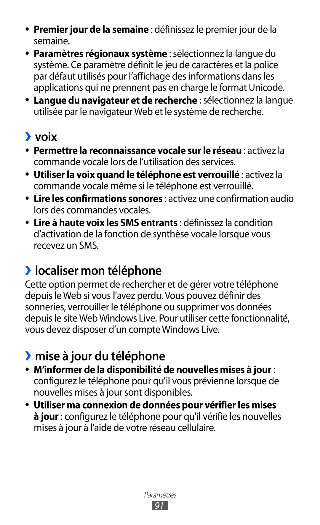 Samsung GT-I8350HKABOG, GT-I8350HKAFTM, GT-I8350HKASFR manual ››voix, ››localiser mon téléphone, ››mise à jour du téléphone 