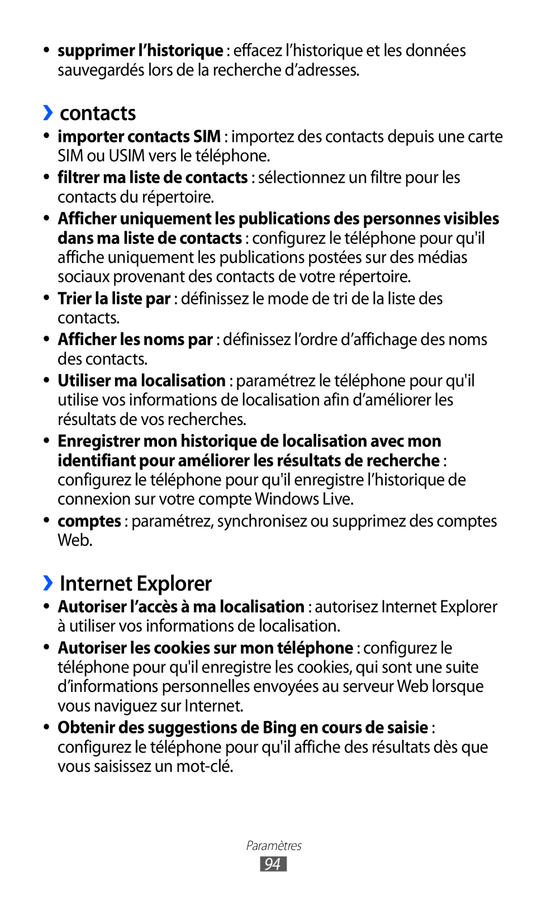 Samsung GT-I8350HKAXEF, GT-I8350HKAFTM, GT-I8350HKASFR, GT-I8350HKABOG manual ››contacts, ››Internet Explorer 