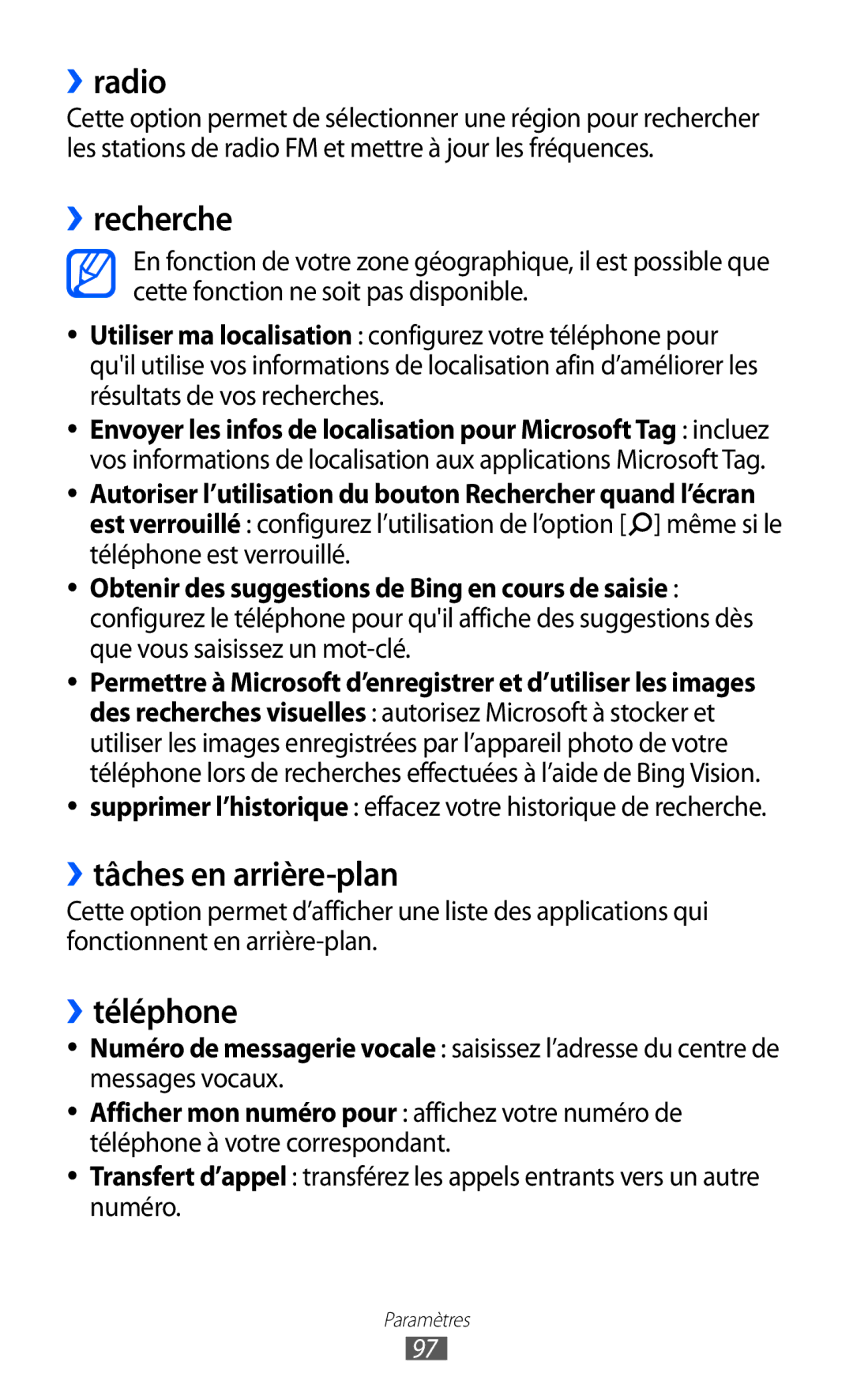 Samsung GT-I8350HKASFR, GT-I8350HKAFTM, GT-I8350HKAXEF manual ››radio, ››recherche, ››tâches en arrière-plan, ››téléphone 