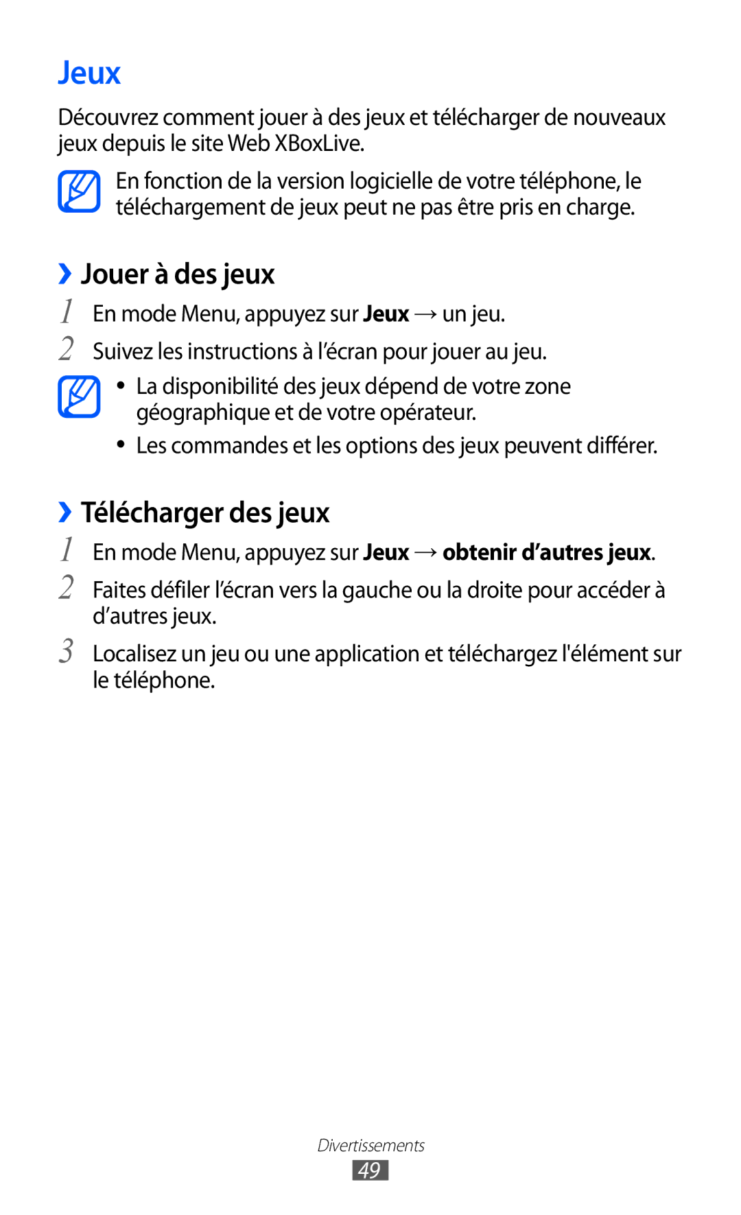 Samsung GT-I8350HKASFR manual ››Jouer à des jeux, ››Télécharger des jeux, En mode Menu, appuyez sur Jeux → un jeu 