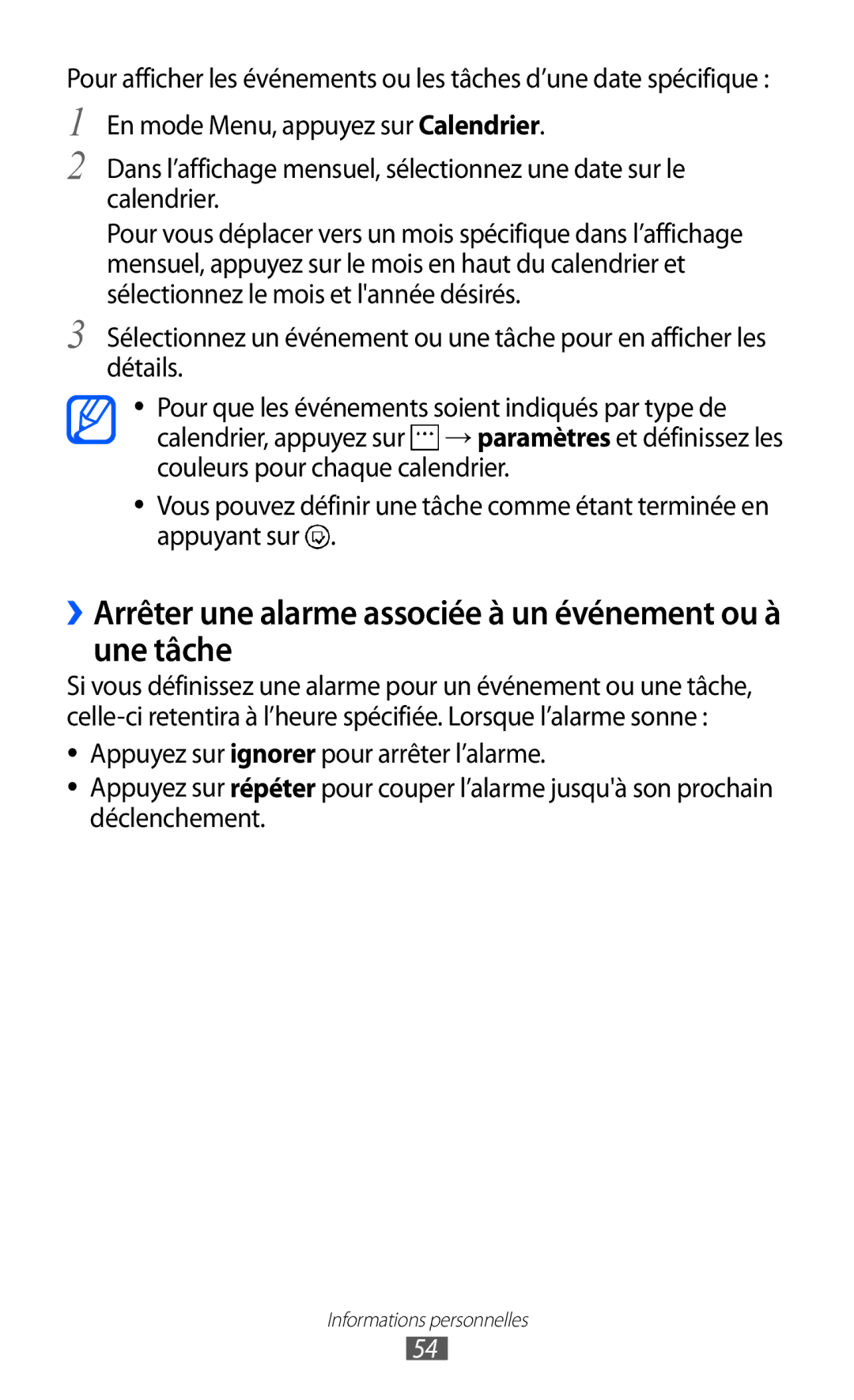 Samsung GT-I8350HKAXEF, GT-I8350HKAFTM, GT-I8350HKASFR manual ››Arrêter une alarme associée à un événement ou à une tâche 