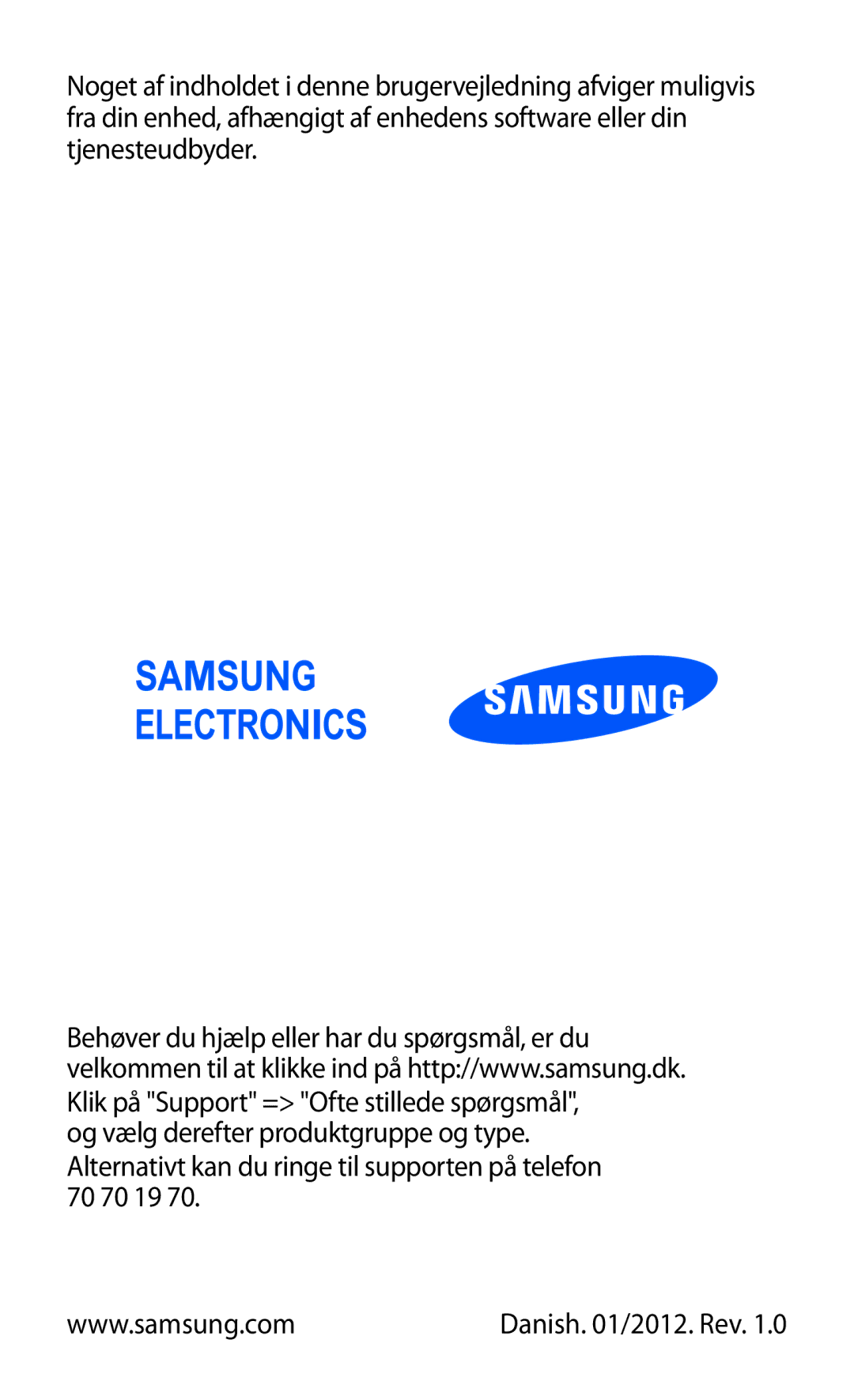 Samsung GT-I8350HKANEE manual Danish /2012. Rev 