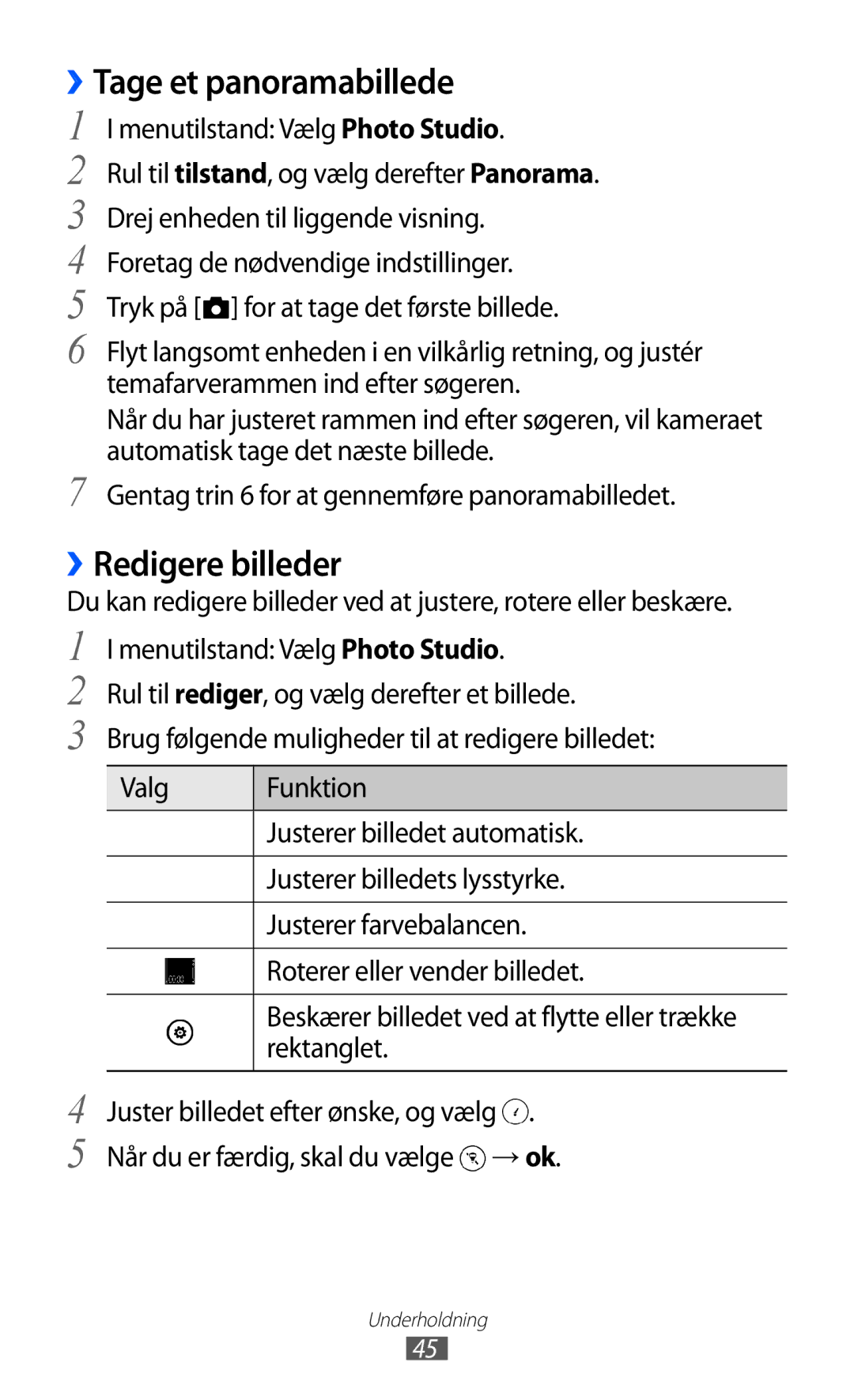 Samsung GT-I8350HKANEE manual ››Tage et panoramabillede, ››Redigere billeder, Rektanglet 