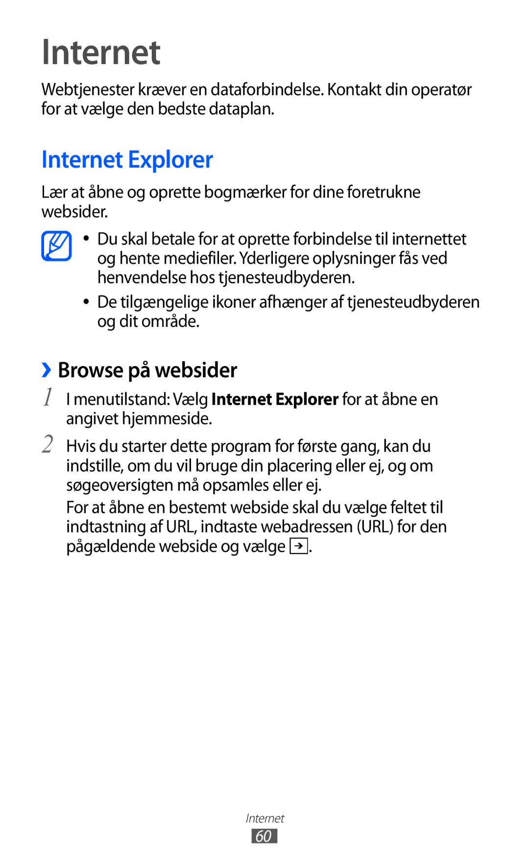 Samsung GT-I8350HKANEE manual Internet Explorer, ››Browse på websider 