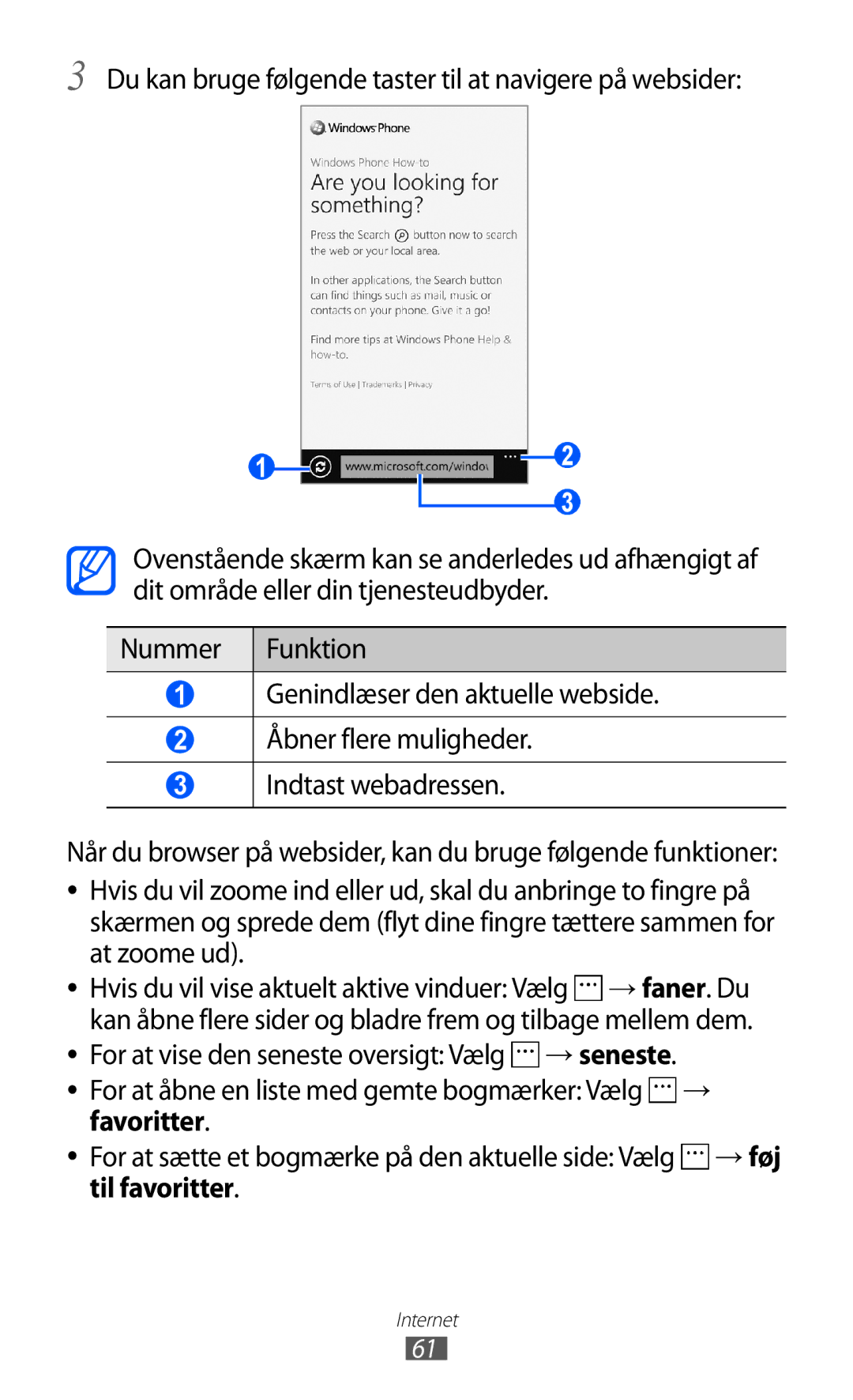 Samsung GT-I8350HKANEE manual Du kan bruge følgende taster til at navigere på websider 