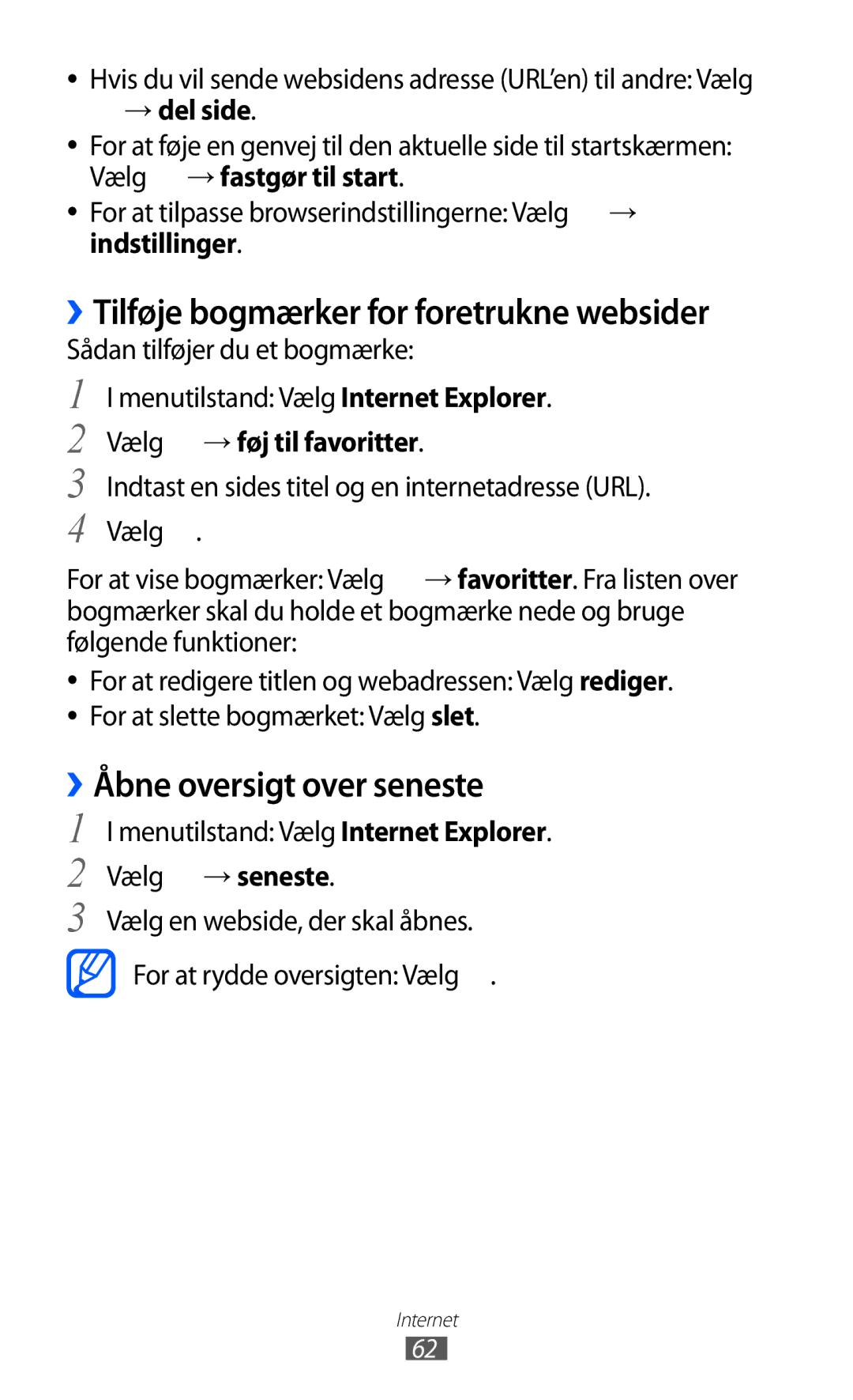 Samsung GT-I8350HKANEE manual ››Tilføje bogmærker for foretrukne websider, ››Åbne oversigt over seneste 