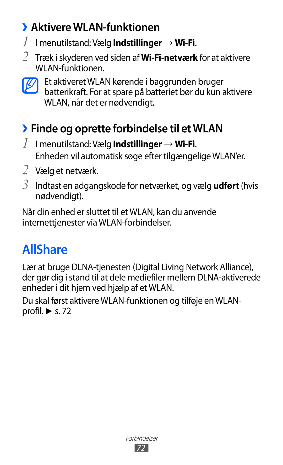 Samsung GT-I8350HKANEE manual AllShare, ››Aktivere WLAN-funktionen, ››Finde og oprette forbindelse til et Wlan 