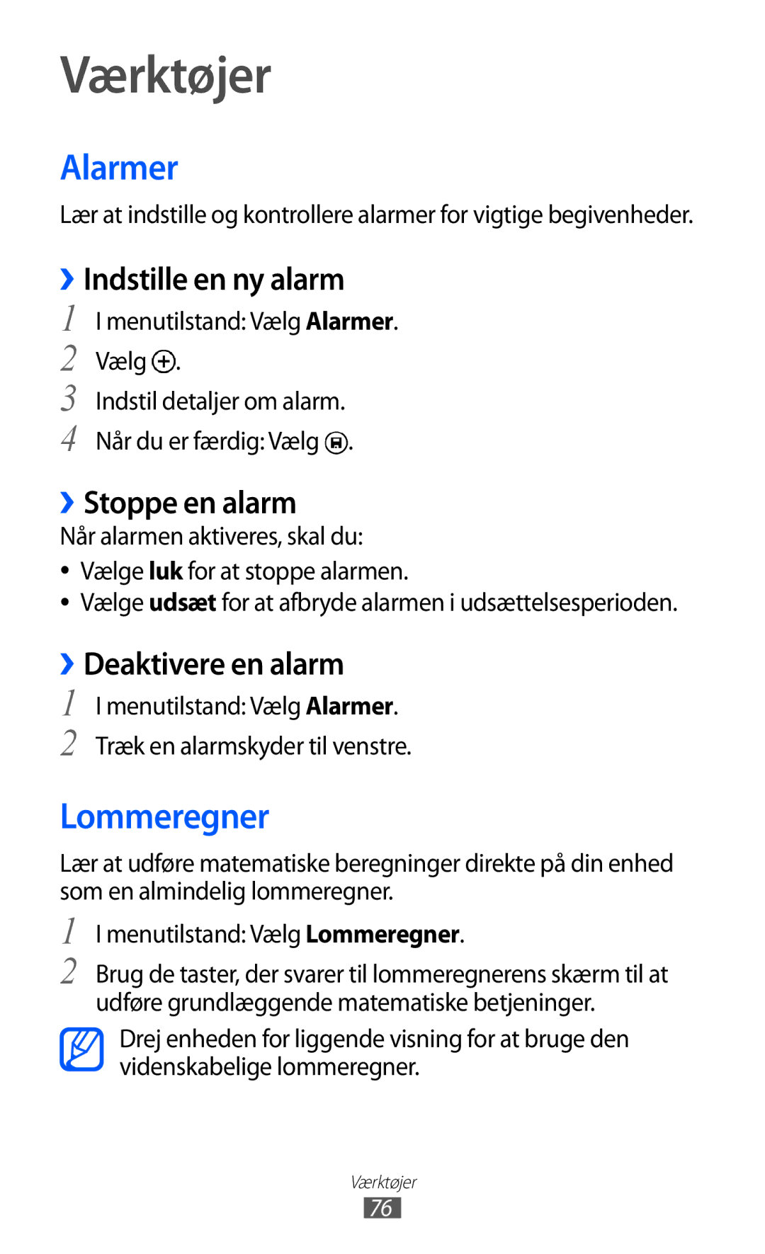 Samsung GT-I8350HKANEE manual Værktøjer, Alarmer, Lommeregner 