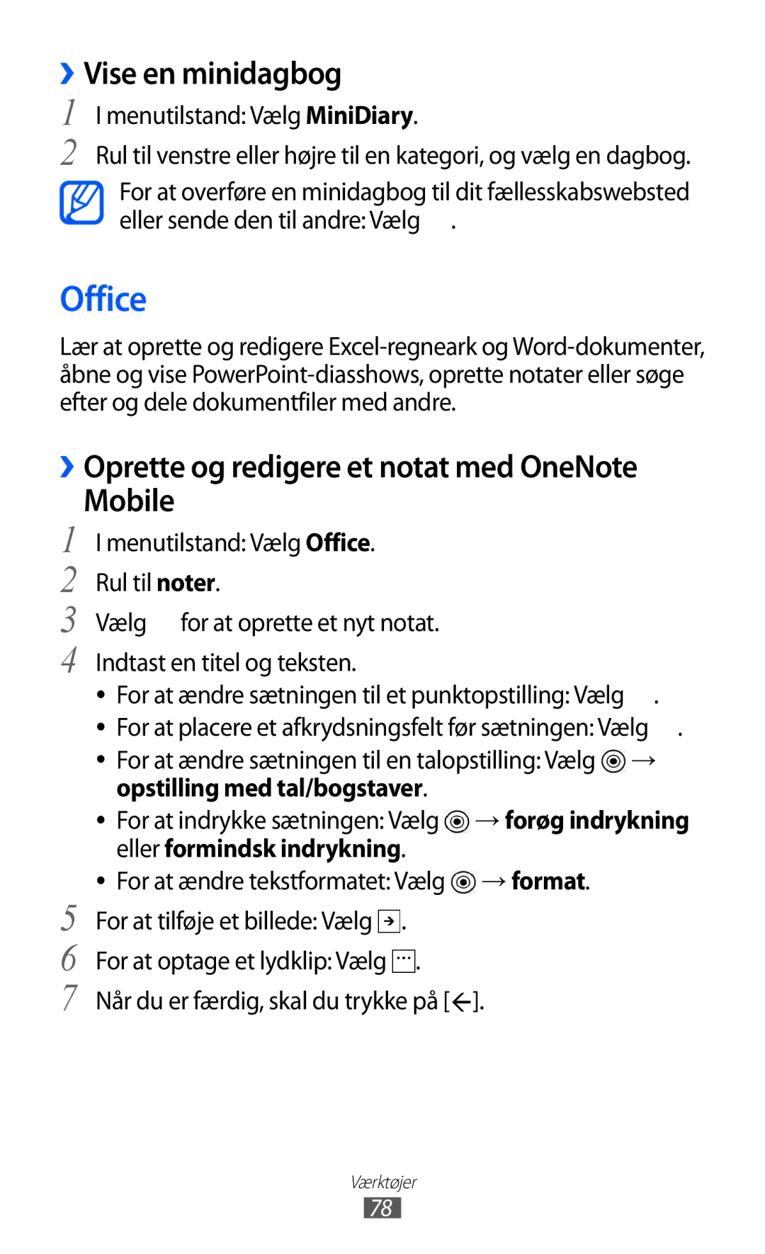 Samsung GT-I8350HKANEE manual Office, ››Vise en minidagbog, ››Oprette og redigere et notat med OneNote Mobile 