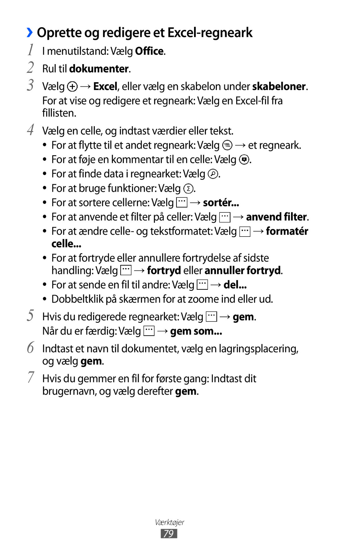 Samsung GT-I8350HKANEE manual ››Oprette og redigere et Excel-regneark, Menutilstand Vælg Office, Rul til dokumenter 