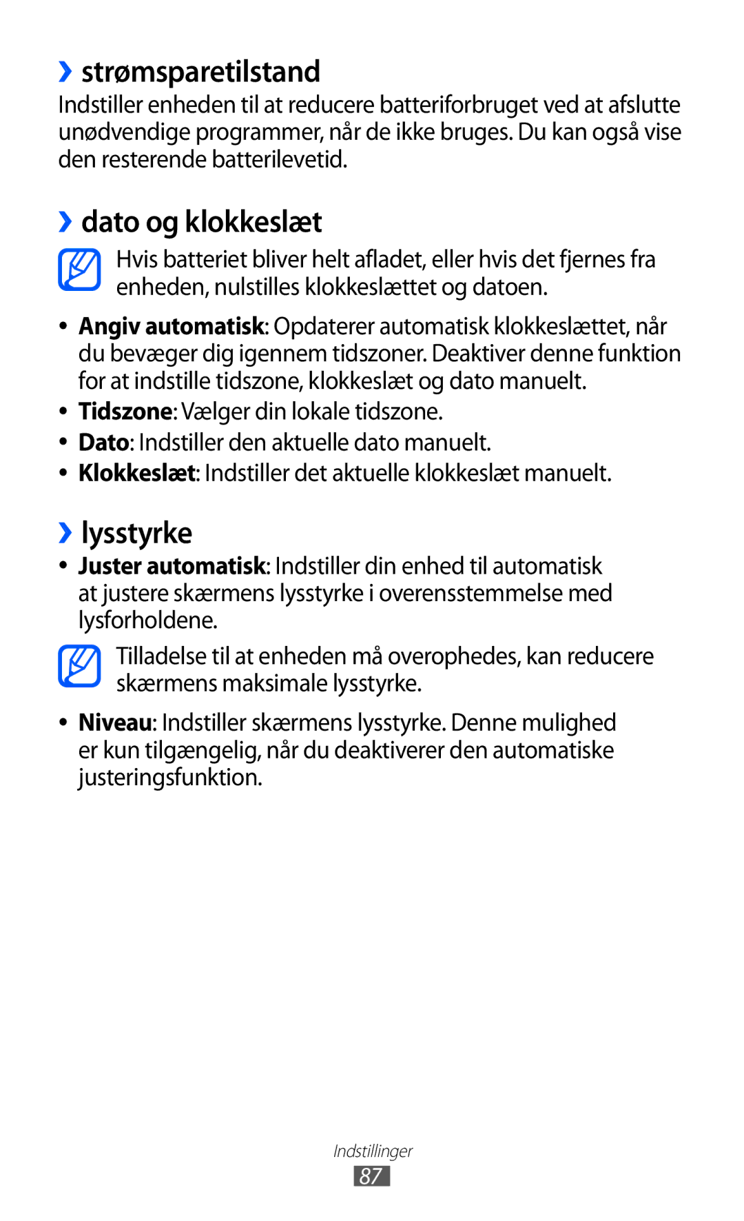 Samsung GT-I8350HKANEE manual ››strømsparetilstand, ››dato og klokkeslæt, ››lysstyrke 