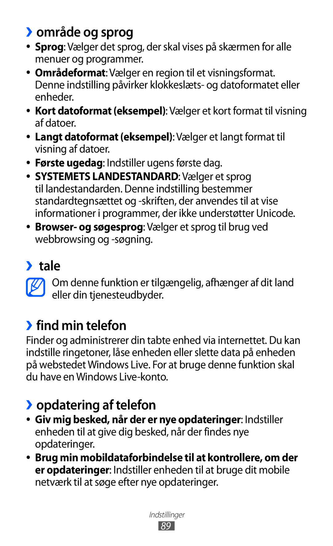 Samsung GT-I8350HKANEE manual ››område og sprog, ››tale, ››find min telefon, ››opdatering af telefon 