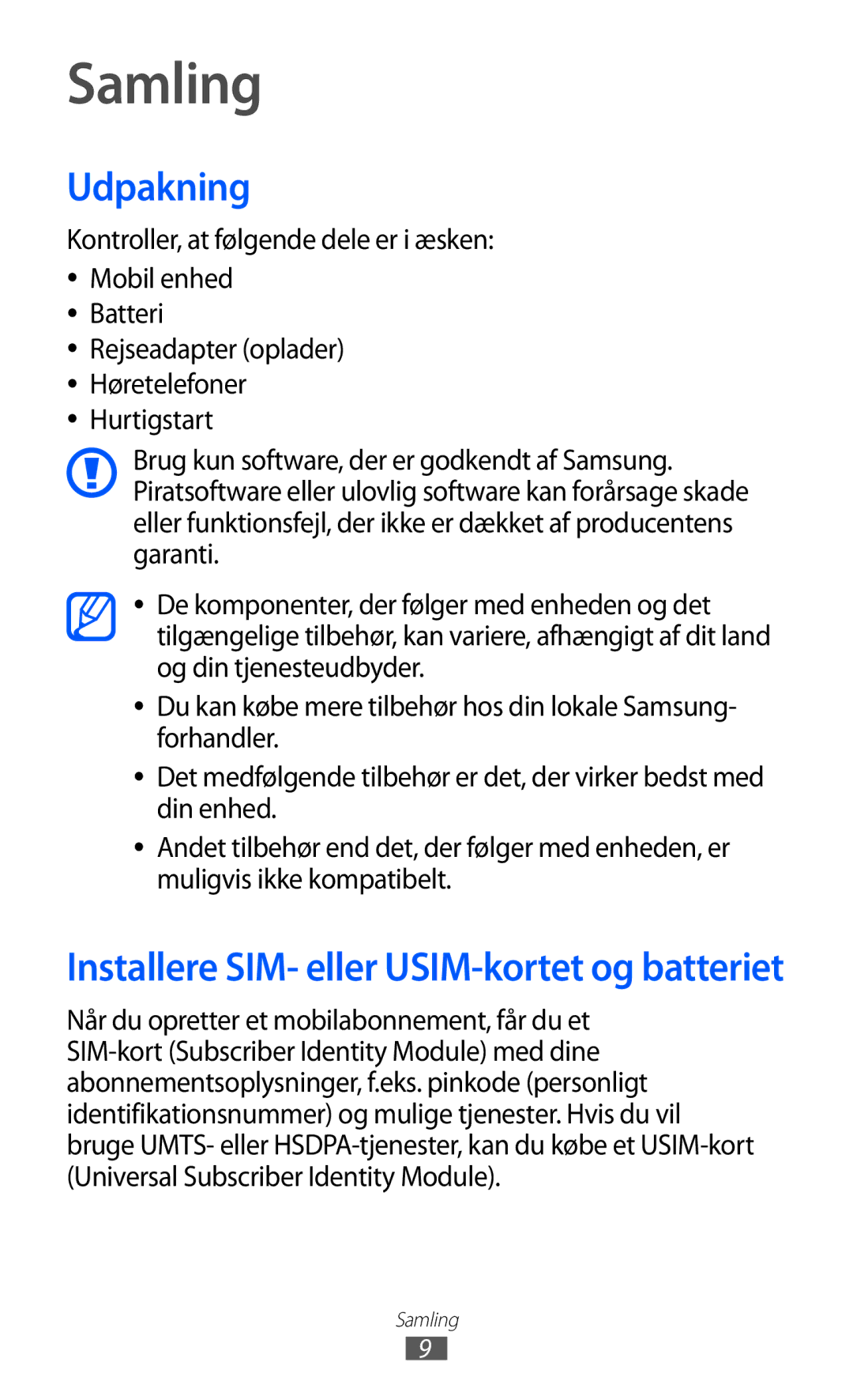 Samsung GT-I8350HKANEE manual Samling, Udpakning 