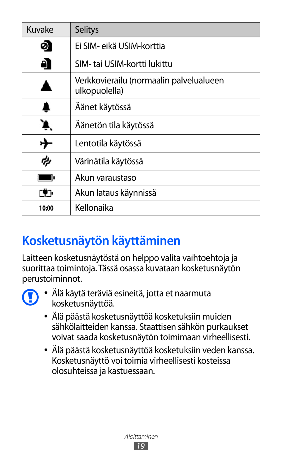 Samsung GT-I8350HKANEE manual Kosketusnäytön käyttäminen, Kellonaika 