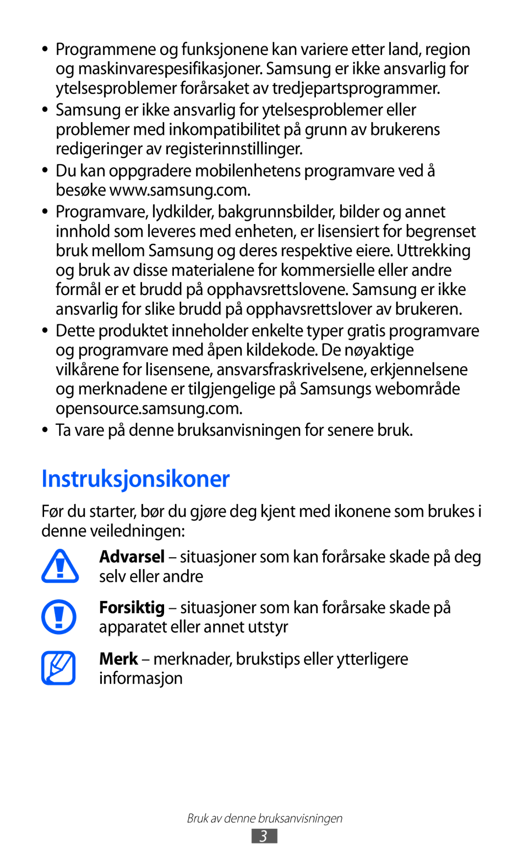 Samsung GT-I8350HKANEE manual Instruksjonsikoner, Ta vare på denne bruksanvisningen for senere bruk 