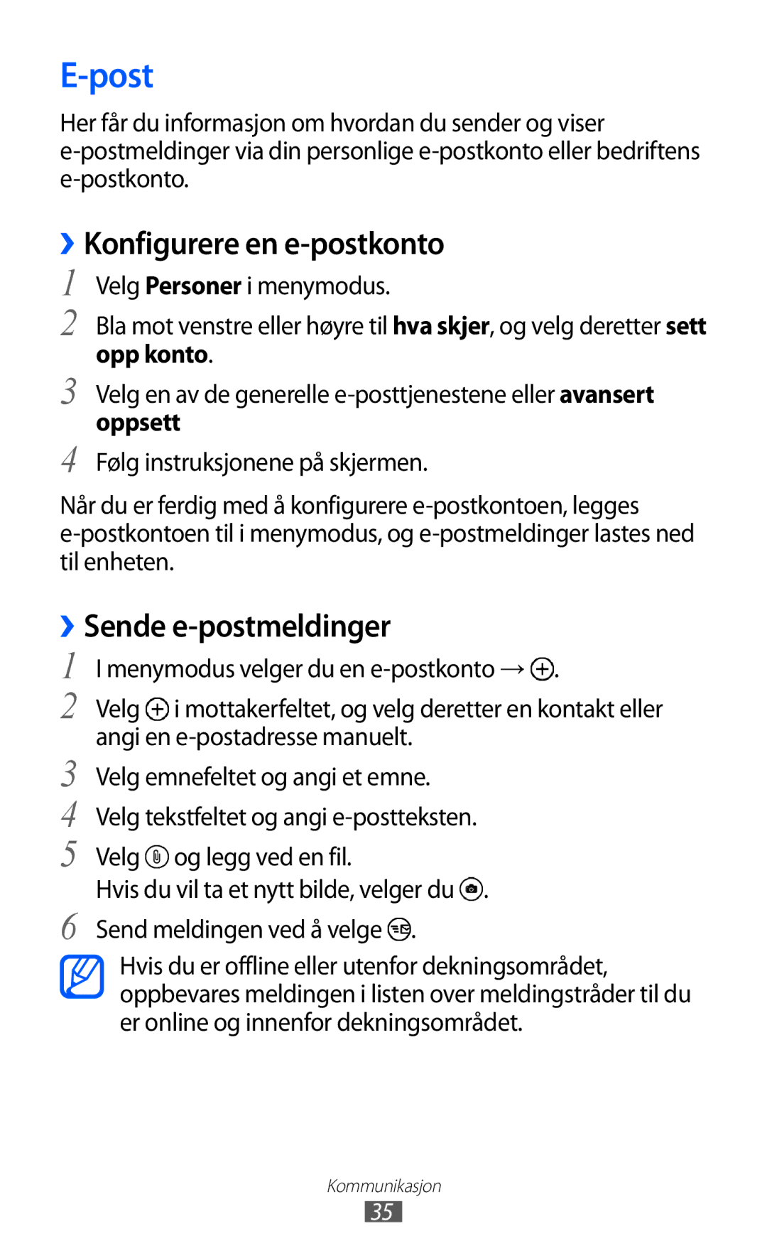 Samsung GT-I8350HKANEE manual Post, ››Konfigurere en e-postkonto, ››Sende e-postmeldinger, Oppsett 