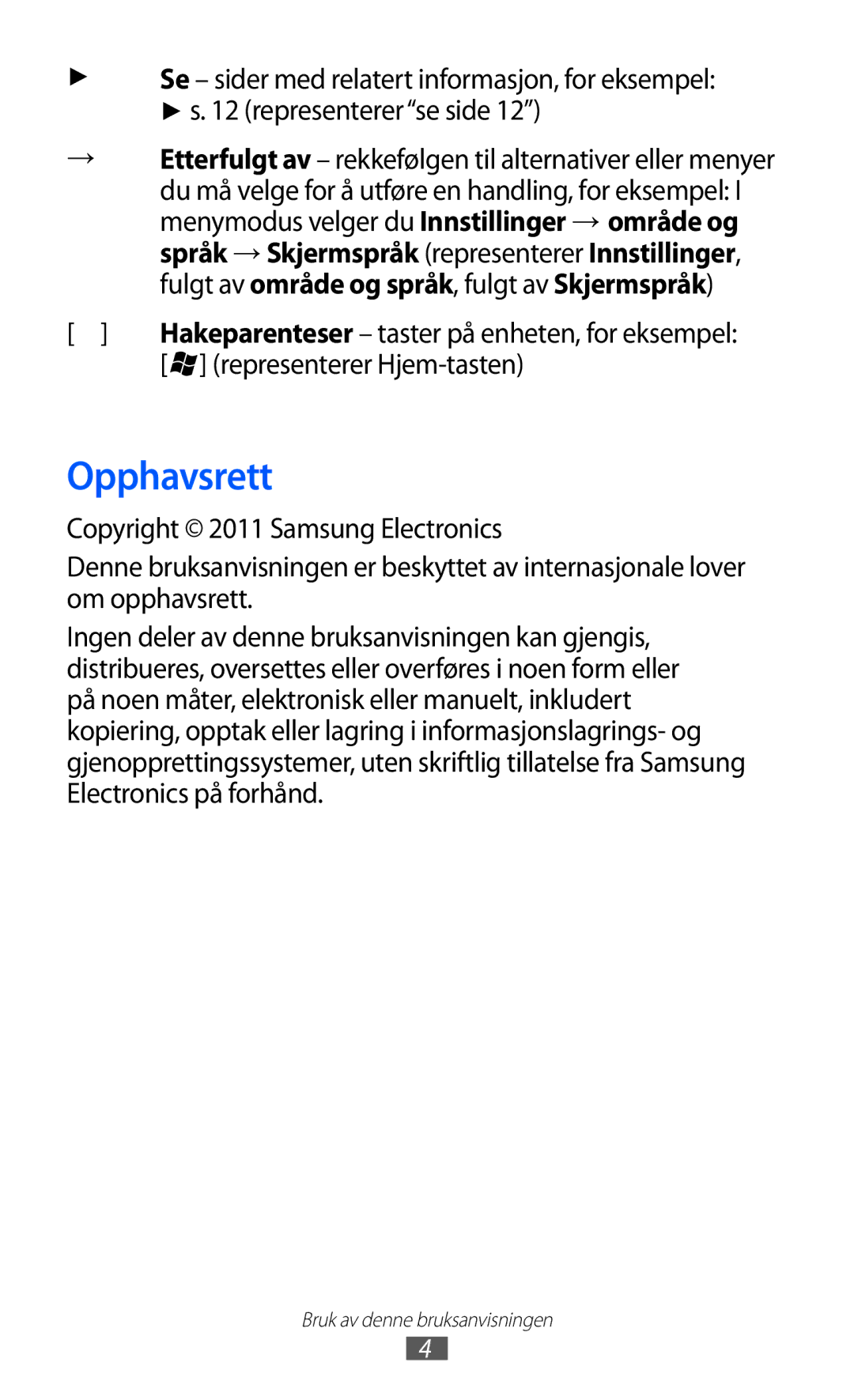 Samsung GT-I8350HKANEE manual Opphavsrett, Representerer Hjem-tasten 