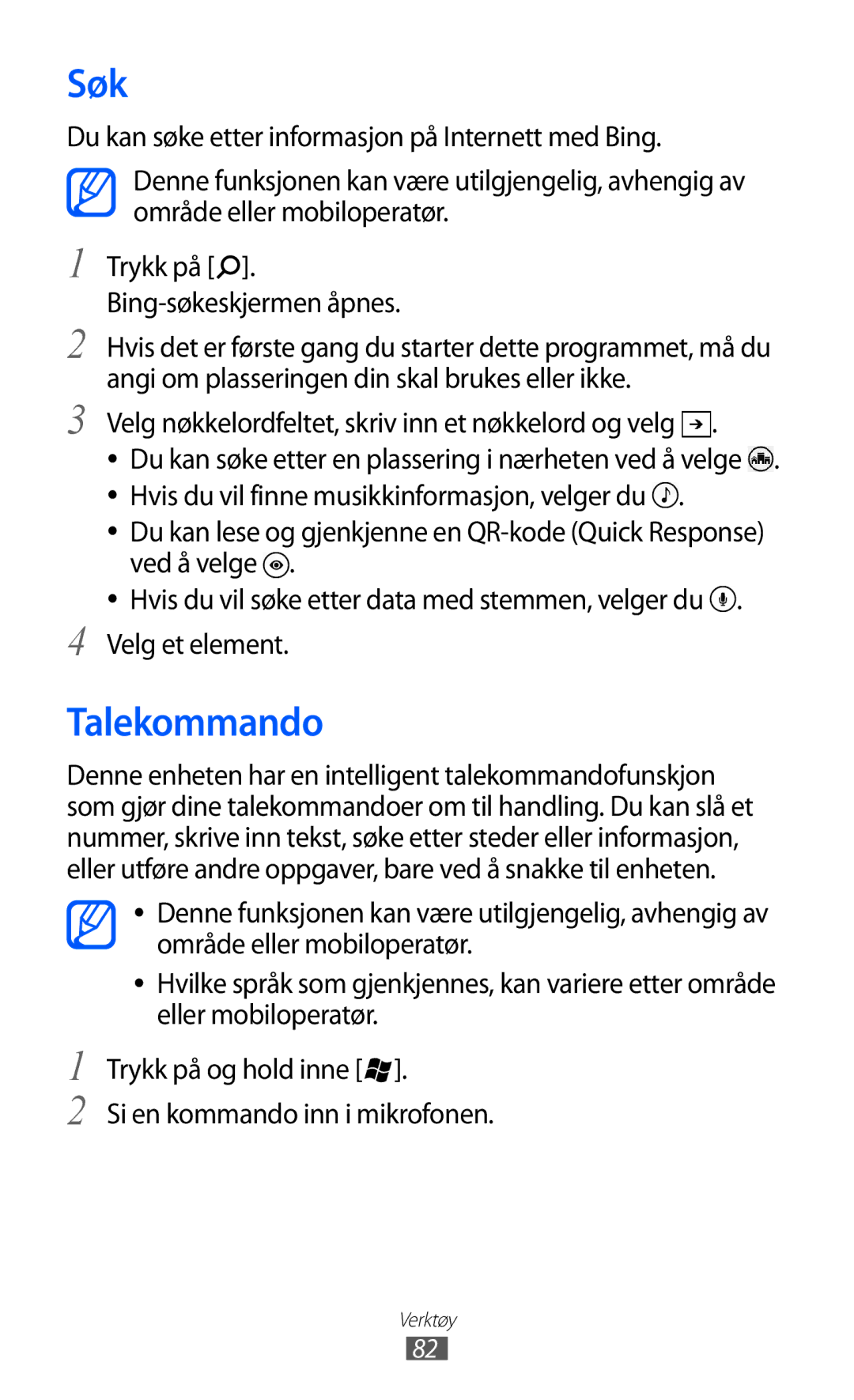 Samsung GT-I8350HKANEE manual Søk, Talekommando, Velg nøkkelordfeltet, skriv inn et nøkkelord og velg 