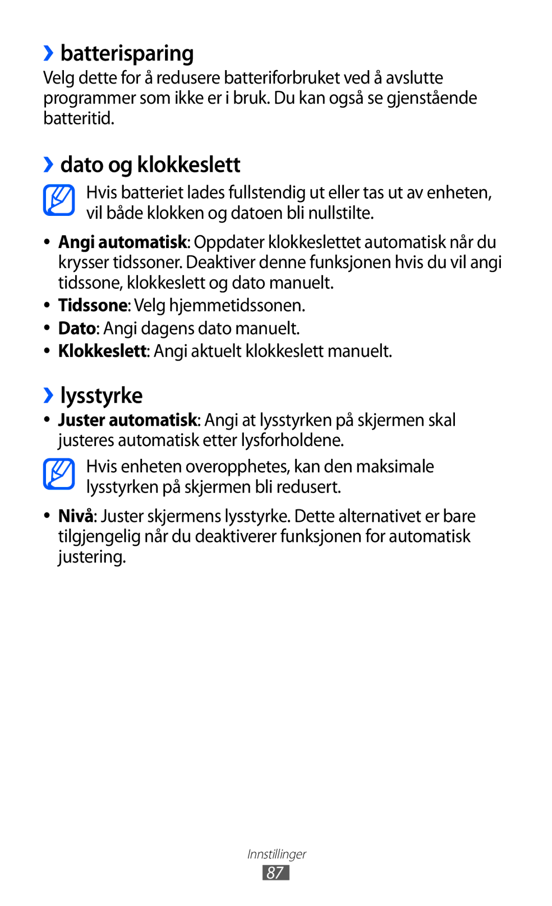 Samsung GT-I8350HKANEE manual ››batterisparing, ››dato og klokkeslett, ››lysstyrke 