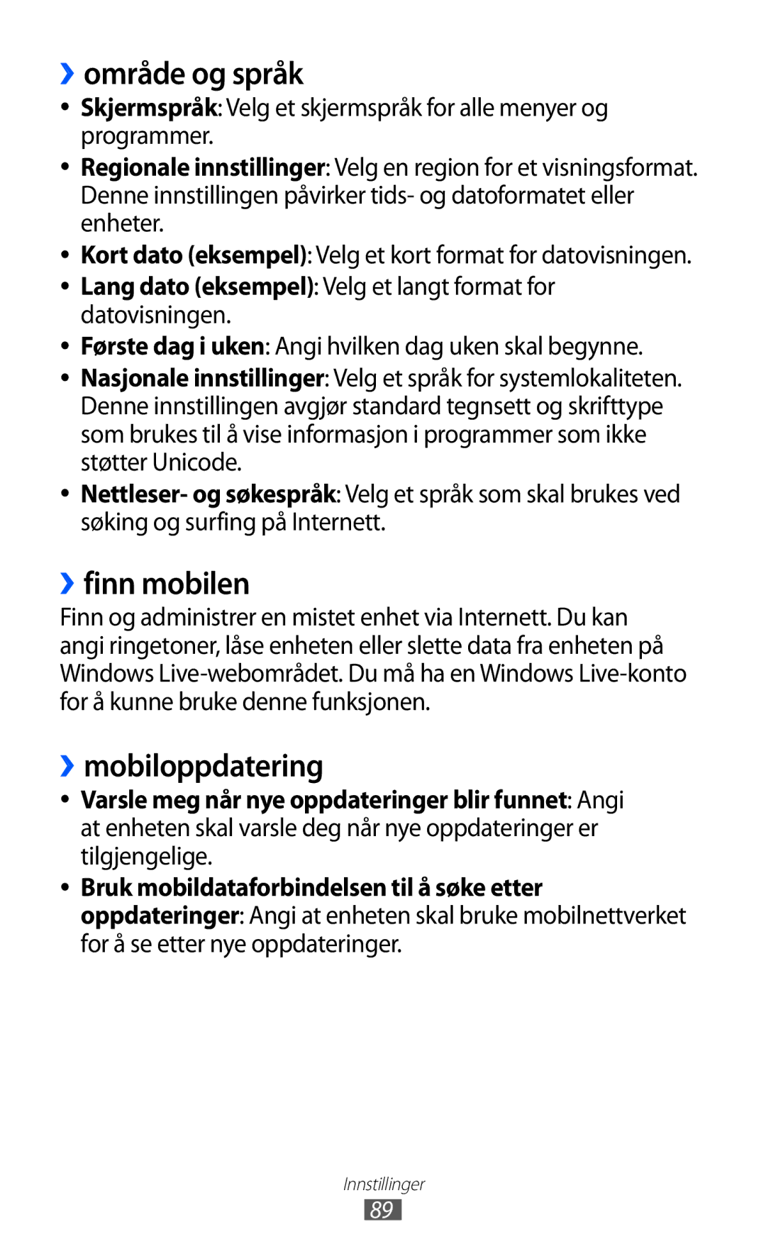 Samsung GT-I8350HKANEE manual ››område og språk, ››finn mobilen, ››mobiloppdatering 