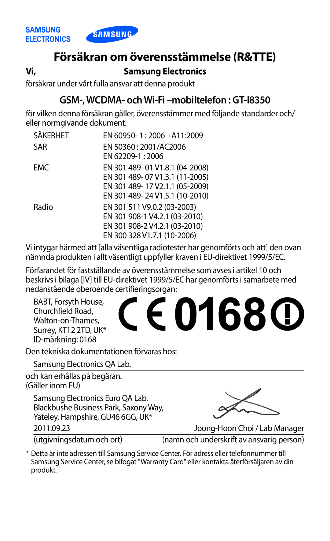 Samsung GT-I8350HKANEE manual Försäkran om överensstämmelse R&TTE 