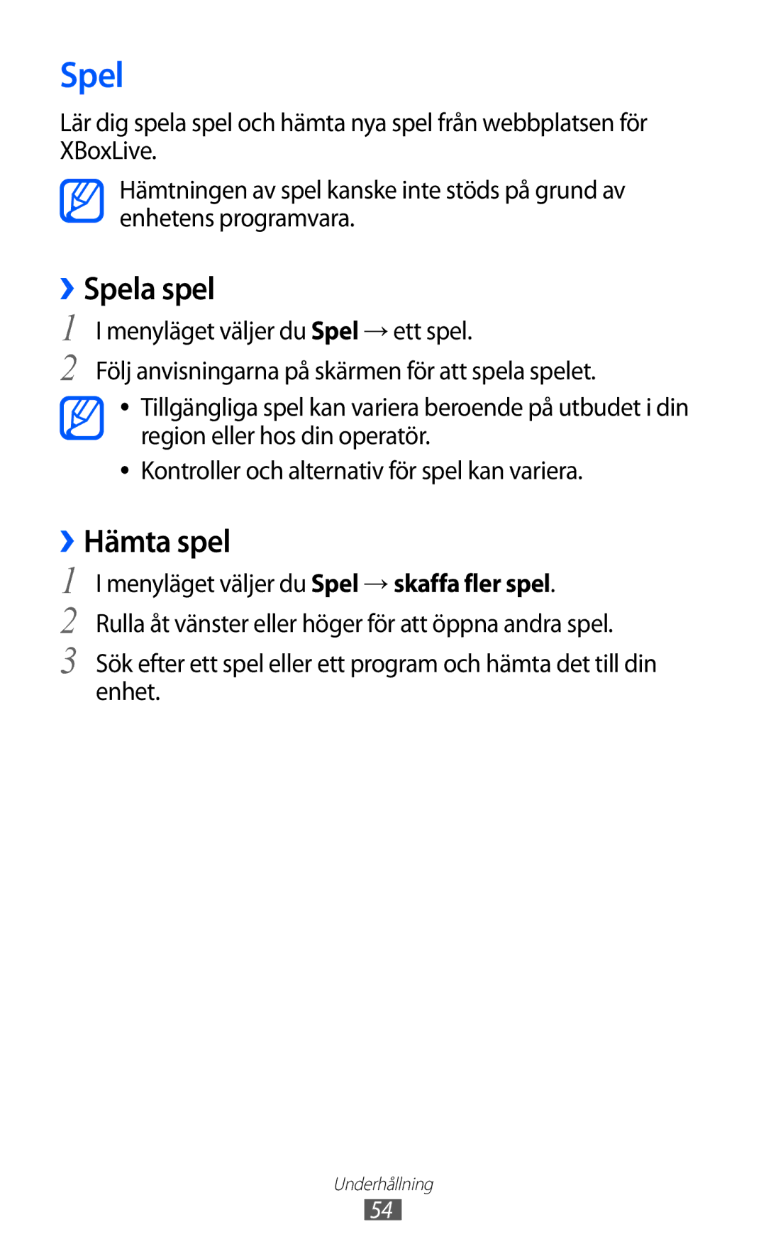 Samsung GT-I8350HKANEE manual ››Spela spel, ››Hämta spel 