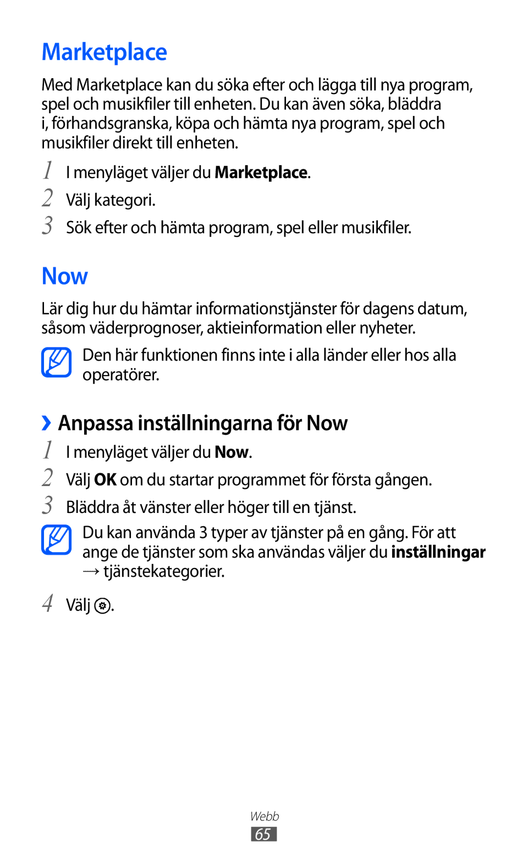 Samsung GT-I8350HKANEE manual Marketplace, ››Anpassa inställningarna för Now, Menyläget väljer du Now 