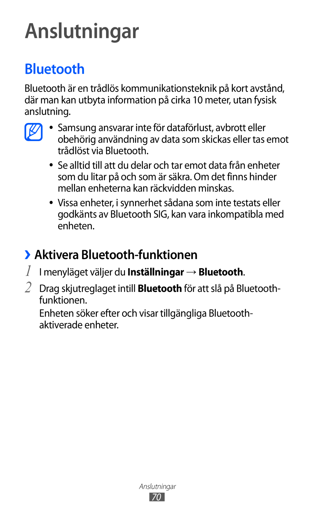 Samsung GT-I8350HKANEE manual Anslutningar, ››Aktivera Bluetooth-funktionen 