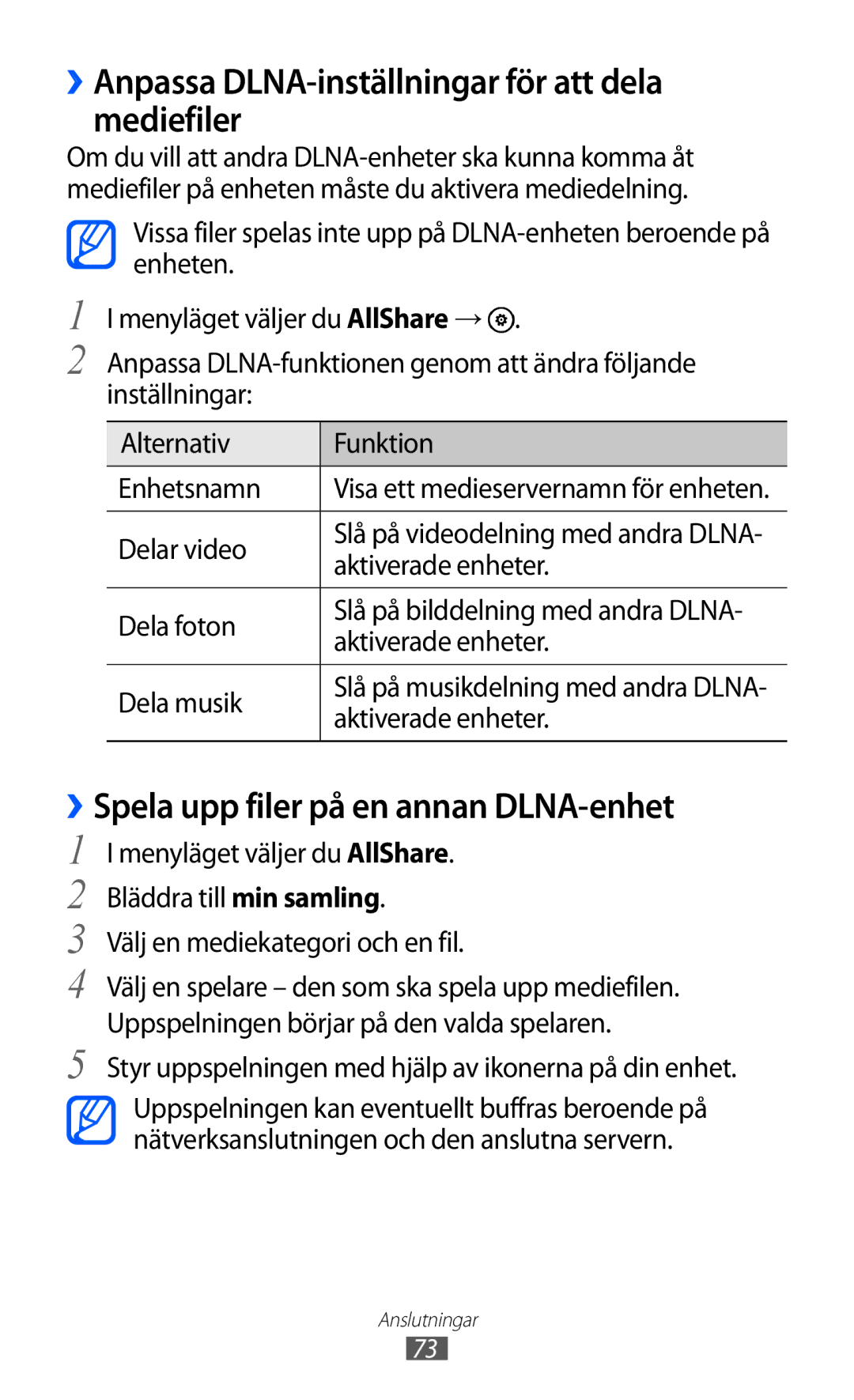 Samsung GT-I8350HKANEE ››Anpassa DLNA-inställningar för att dela mediefiler, ››Spela upp filer på en annan DLNA-enhet 