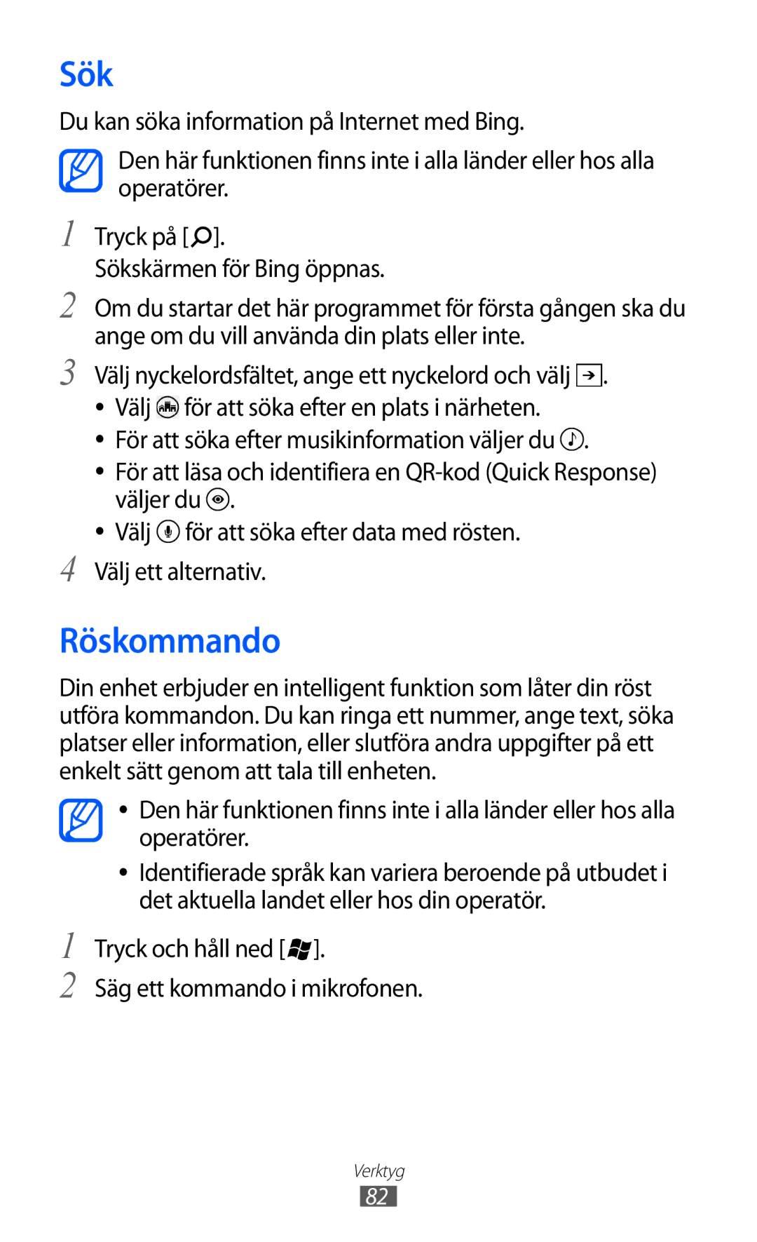 Samsung GT-I8350HKANEE manual Sök, Röskommando, Tryck och håll ned Säg ett kommando i mikrofonen 