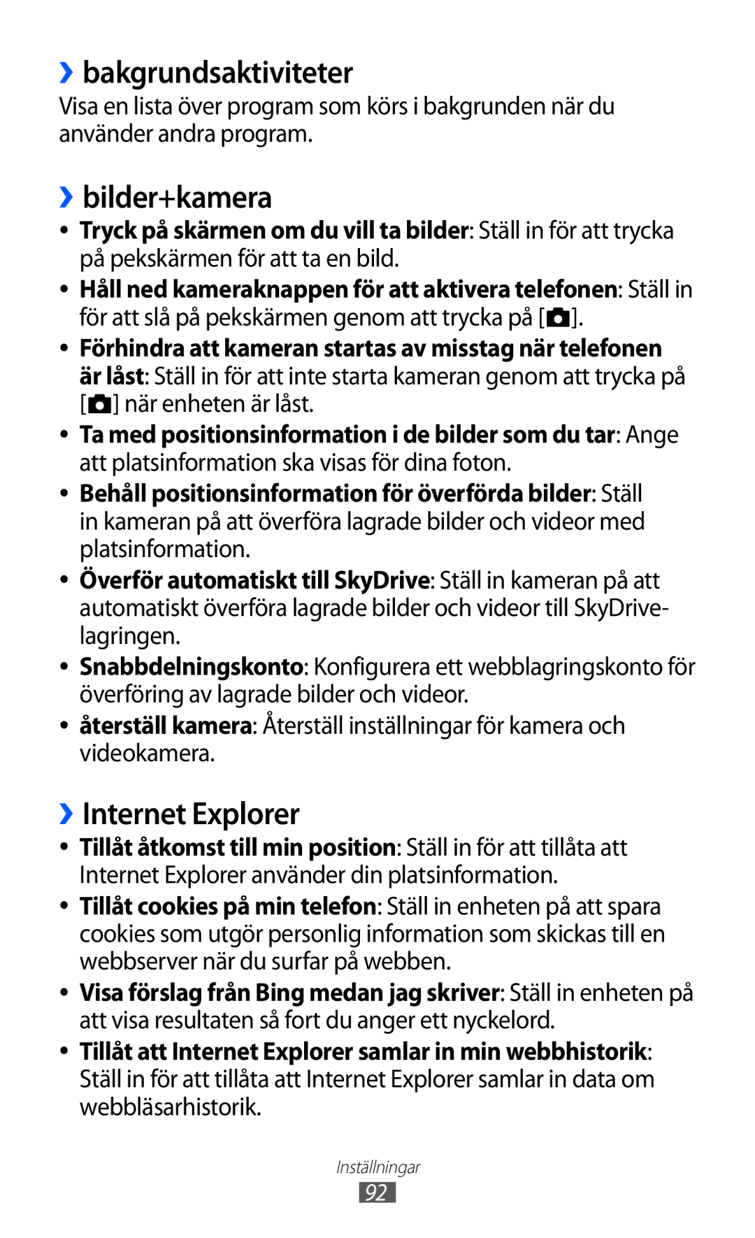 Samsung GT-I8350HKANEE manual ››bakgrundsaktiviteter, ››bilder+kamera, ››Internet Explorer 