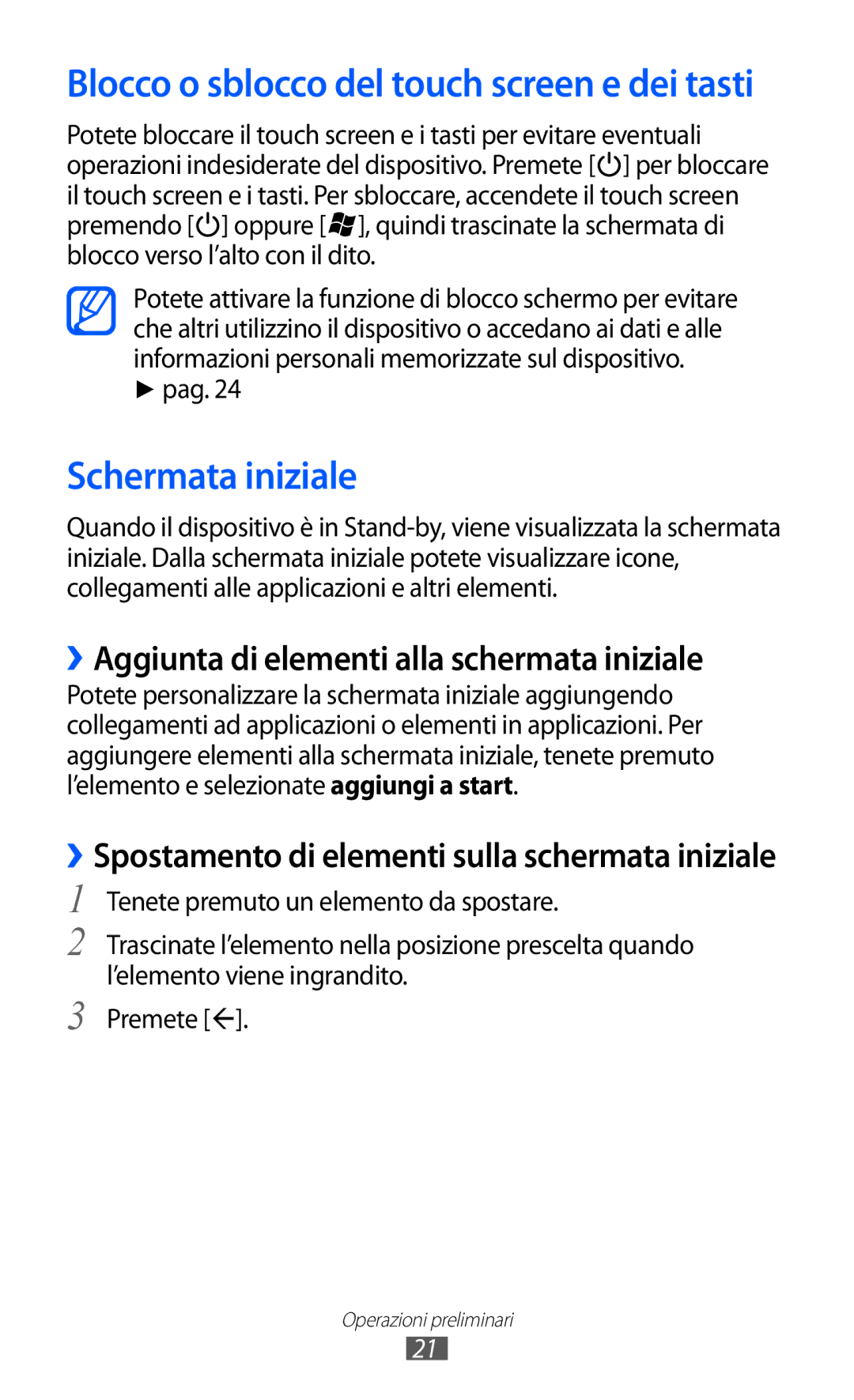 Samsung GT-I8350HKAOMN, GT-I8350DAAHUI manual Schermata iniziale, ››Aggiunta di elementi alla schermata iniziale, Pag 