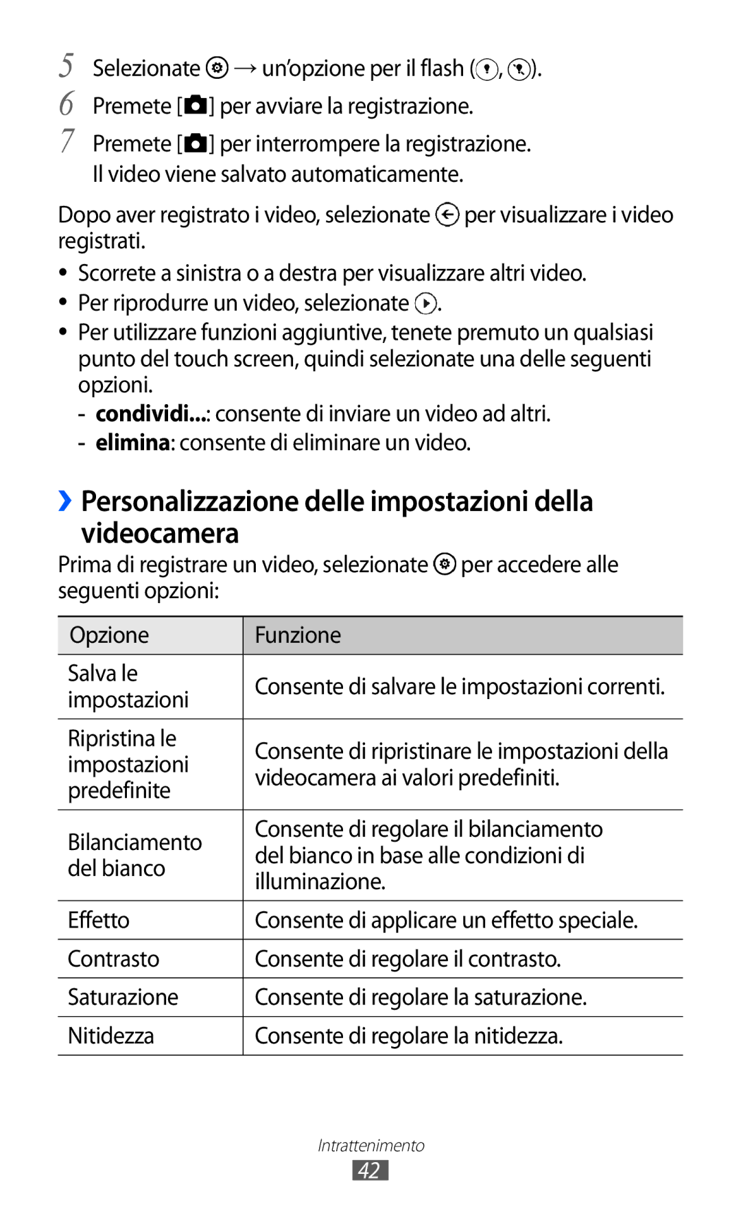 Samsung GT-I8350HKAOMN manual ››Personalizzazione delle impostazioni della videocamera, Videocamera ai valori predefiniti 