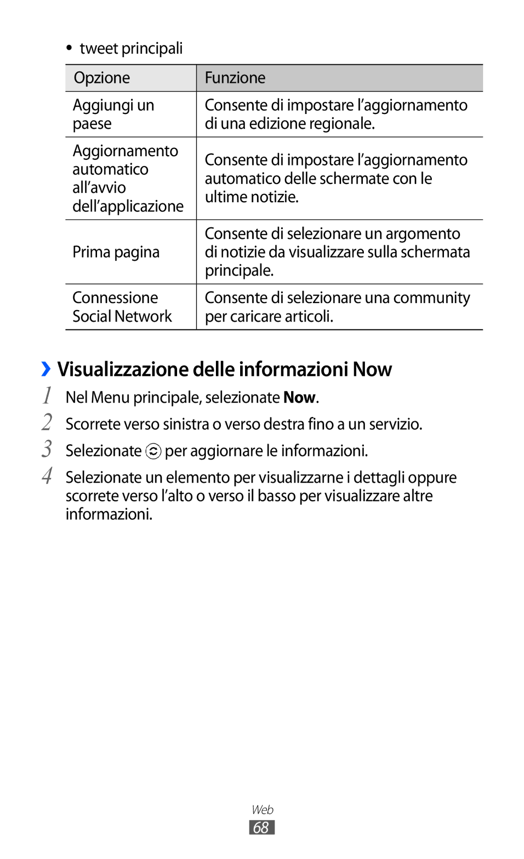 Samsung GT-I8350HKAWIN manual ››Visualizzazione delle informazioni Now, Tweet principali Opzione Funzione Aggiungi un 