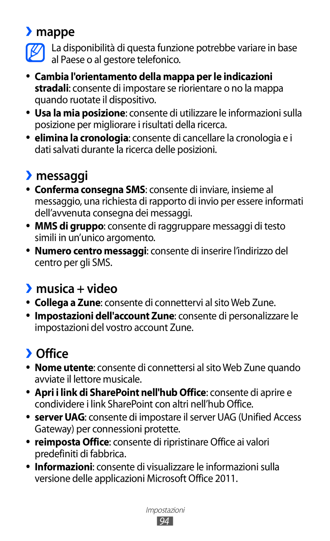 Samsung GT-I8350DAAOMN, GT-I8350HKAOMN, GT-I8350DAAHUI, GT-I8350HKATIM manual ››mappe, ››messaggi, ››musica + video, ››Office 