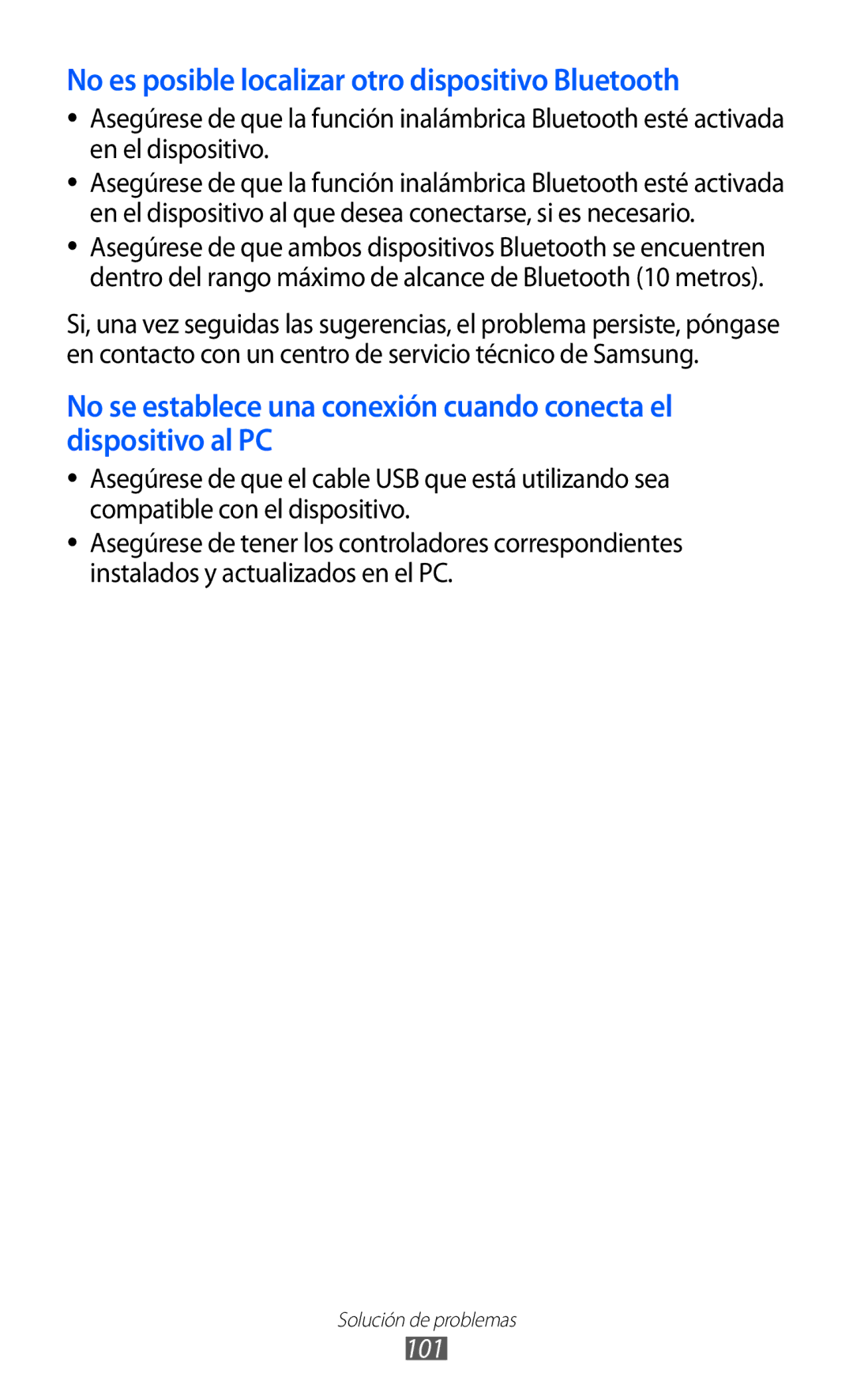 Samsung GT-I8350HKAFOP, GT-I8350HKAXEC, GT-I8350HKAPHE manual No es posible localizar otro dispositivo Bluetooth, 101 