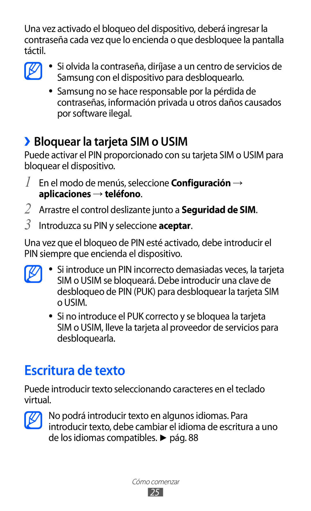 Samsung GT-I8350HKAPHE, GT-I8350HKAXEC manual Escritura de texto, ››Bloquear la tarjeta SIM o Usim, Aplicaciones → teléfono 