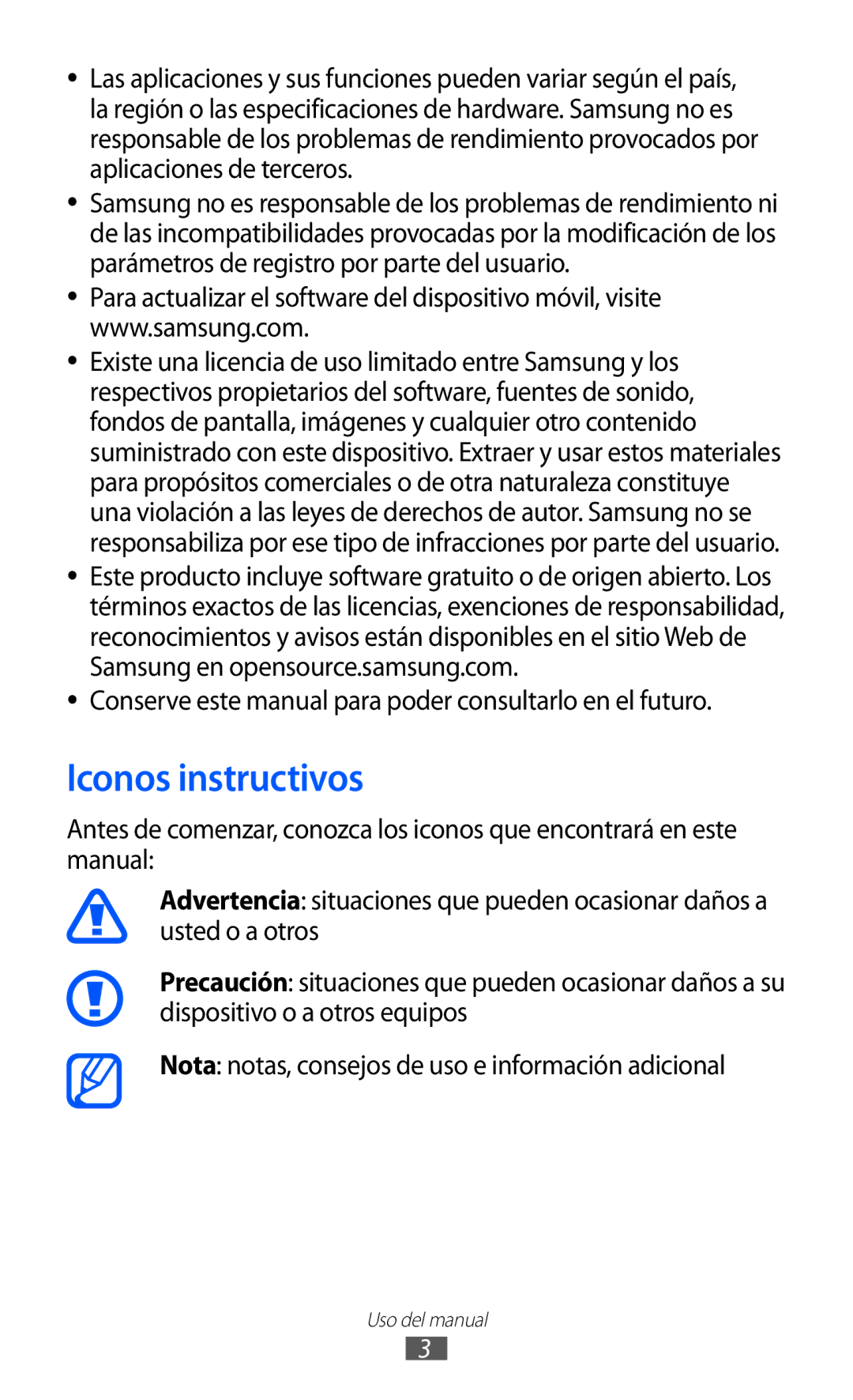 Samsung GT-I8350HKAXEC, GT-I8350HKAPHE Iconos instructivos, Conserve este manual para poder consultarlo en el futuro 